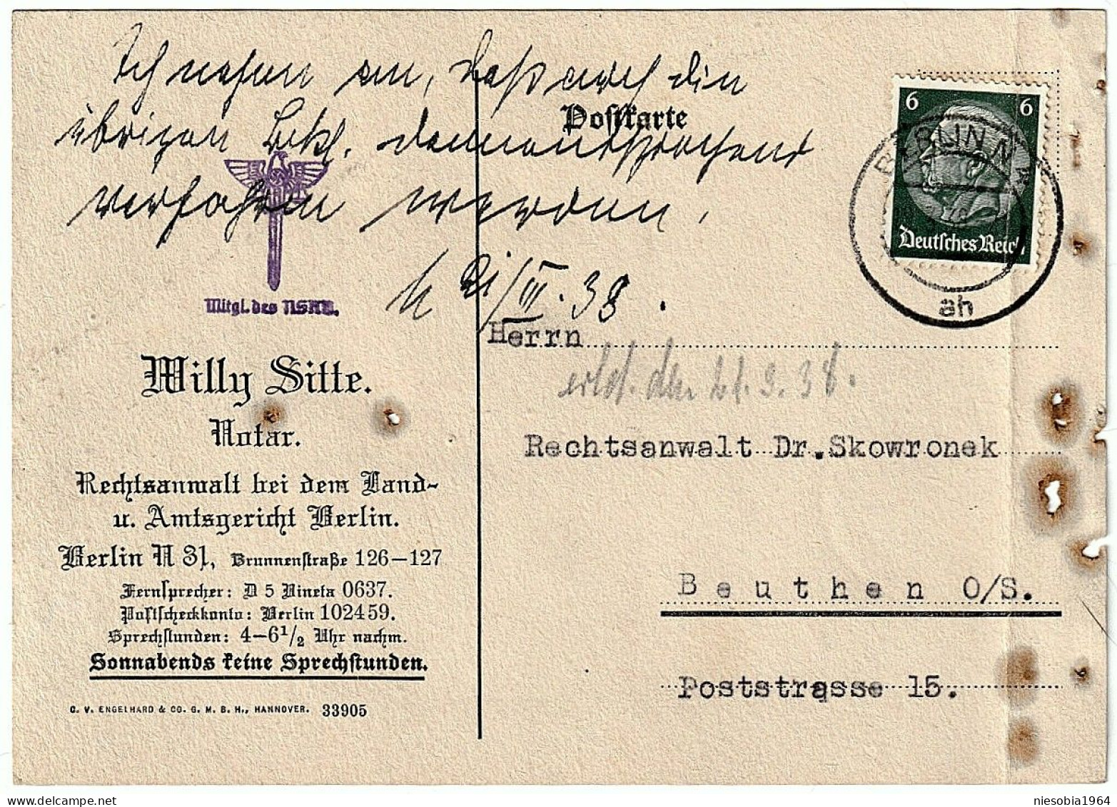 Berlin Willy Sitte Notar - Member Of NSRB -19.03.1938 Company Postcard / Firmenpostkarte - Briefkaarten