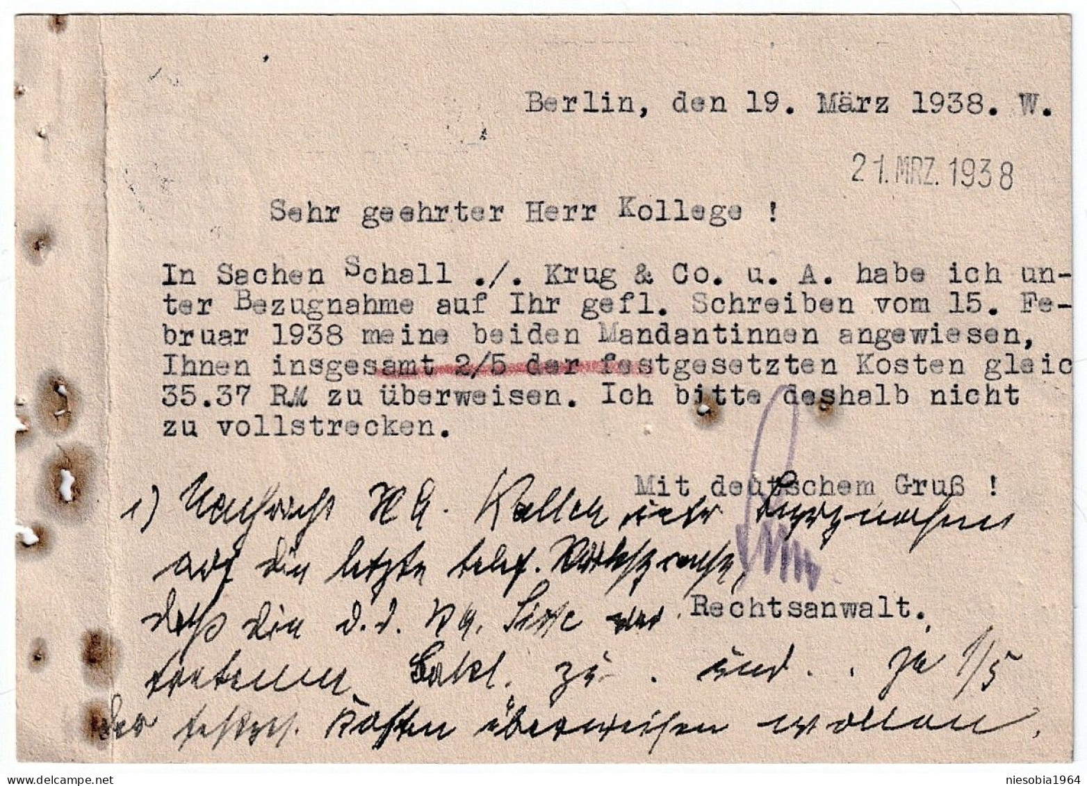 Berlin Willy Sitte Notar - Member Of NSRB -19.03.1938 Company Postcard / Firmenpostkarte - Postkarten
