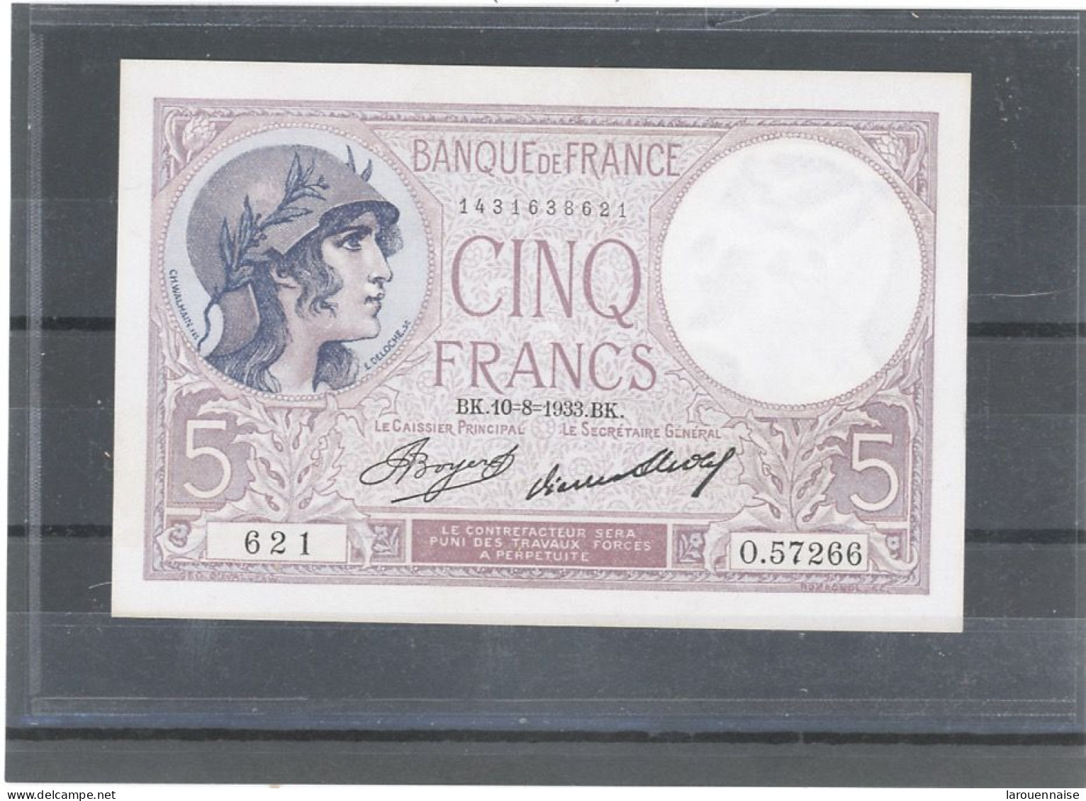 FRANCE -5F FEMME CASQUÉE  -10-8-1933- BK- SERIE 621- FAYETTE - F.03 /17- ETAT : SPL- SANS EPINGLAGE - 5 F 1917-1940 ''Violet''