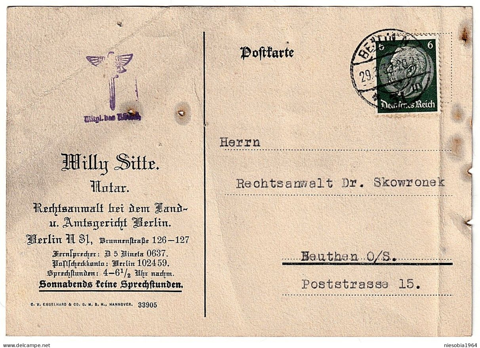 Berlin Willy Sitte Notar - Member Of NSRB  19.03.1938 Company Postcard II / Firmenpostkarte II - Tarjetas