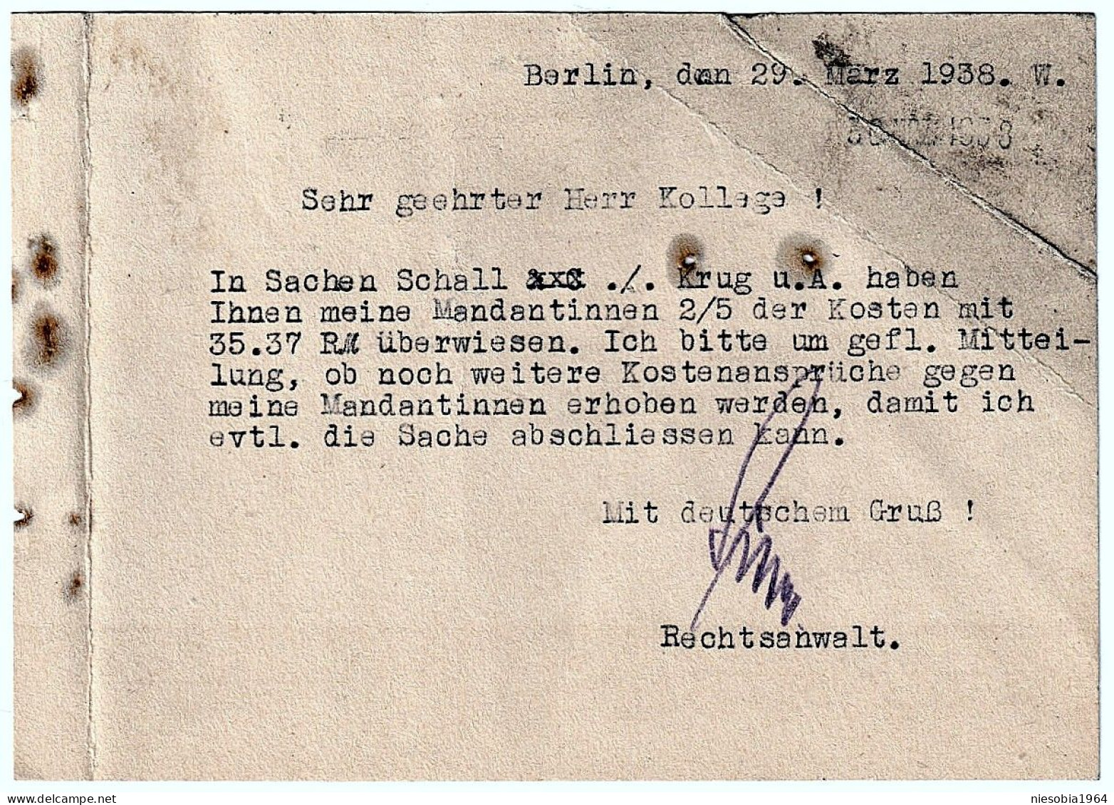 Berlin Willy Sitte Notar - Member Of NSRB  19.03.1938 Company Postcard II / Firmenpostkarte II - Tarjetas