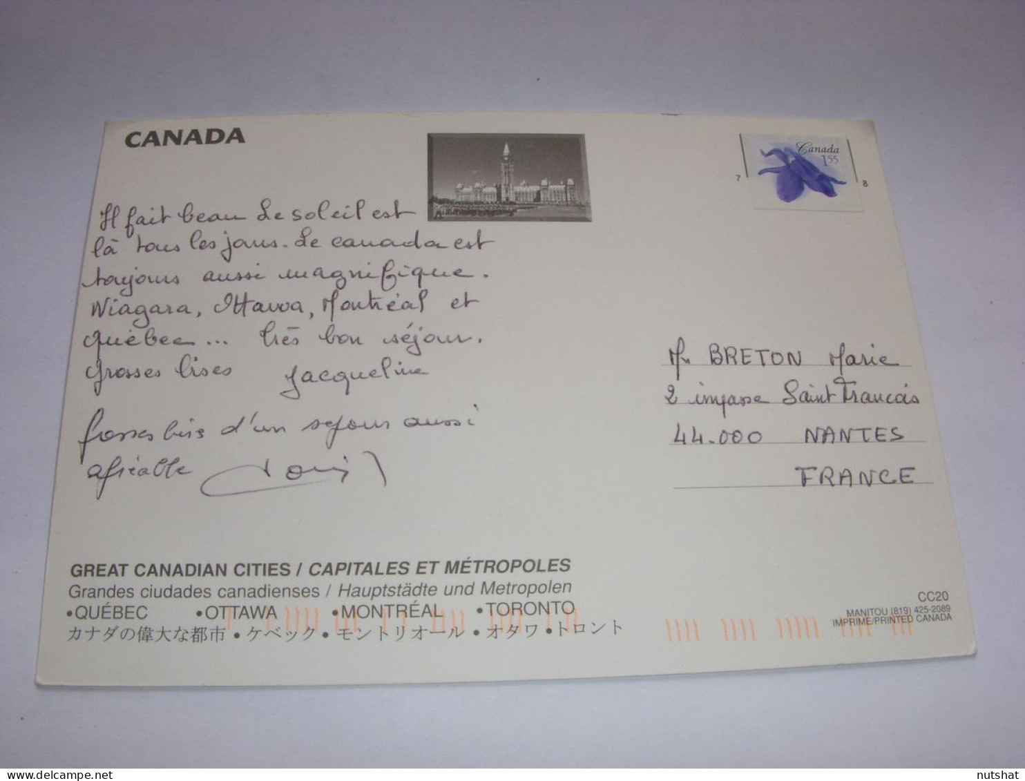 CP CARTE POSTALE CANADA QUEBEC OTTAWA MONTREAL TORONTO - Ecrite  - Ohne Zuordnung