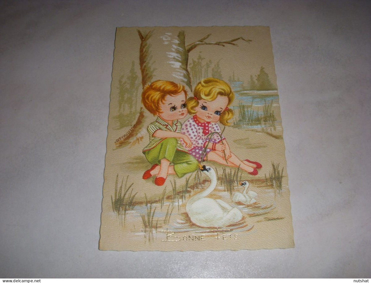 CP CARTE POSTALE BONNE FETE TYPE POULBOT 2 ENFANTS Et Un CYGNE - Vierge - Other & Unclassified