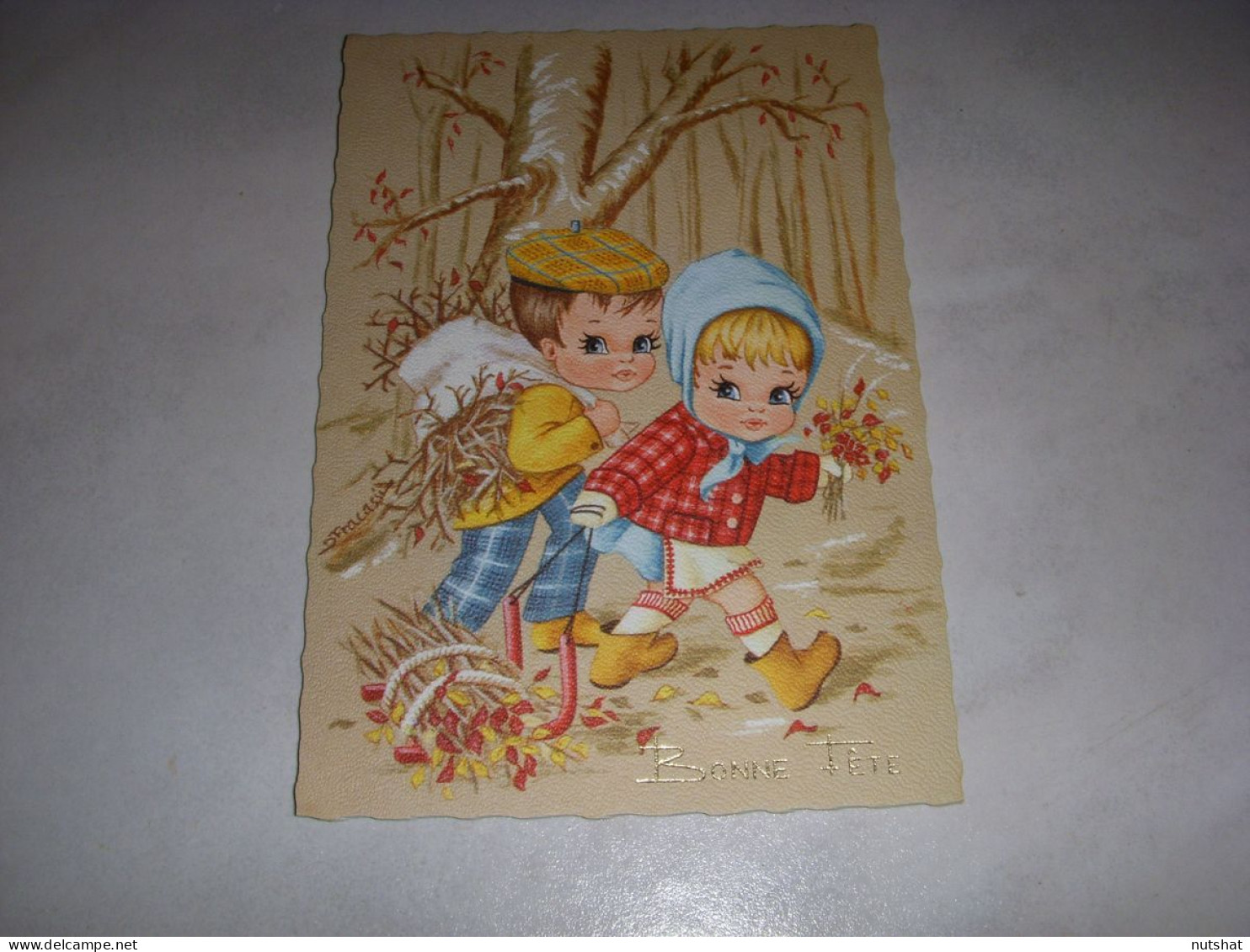 CP CARTE POSTALE BONNE FETE TYPE POULBOT 2 ENFANTS CUEILLENT - Vierge - Other & Unclassified