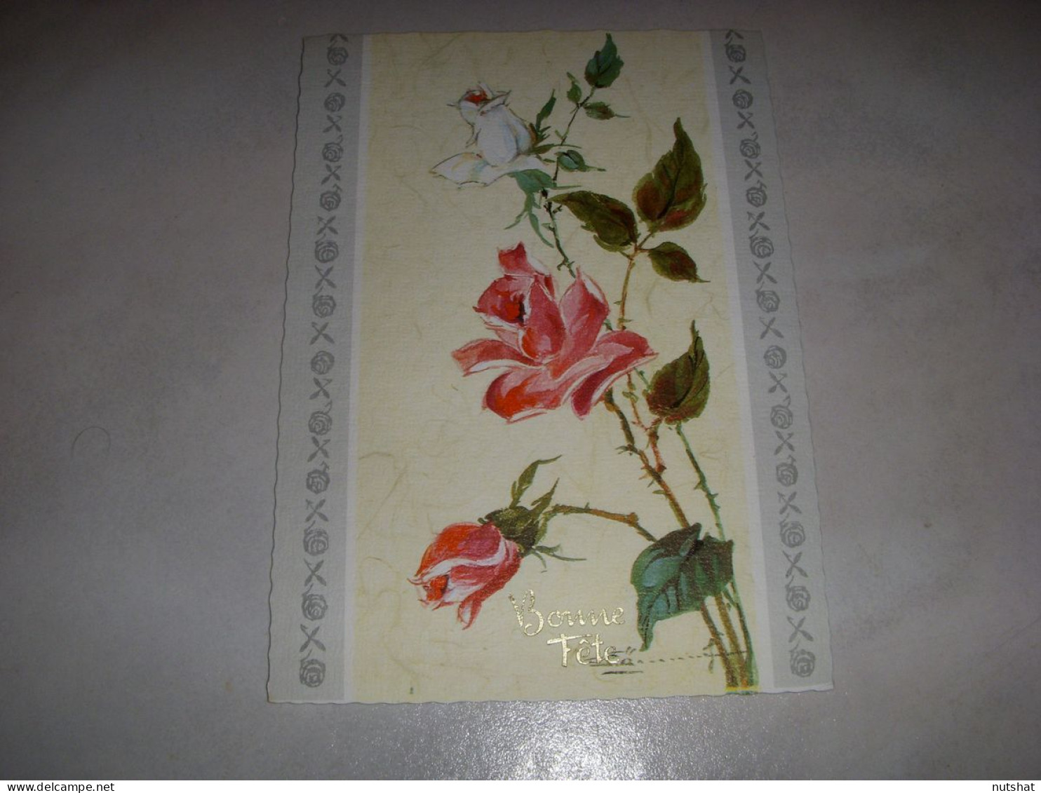 CP CARTE POSTALE BONNE FETE FRISE De FLEURS ROUGES GAUCHE - Vierge - Sonstige & Ohne Zuordnung