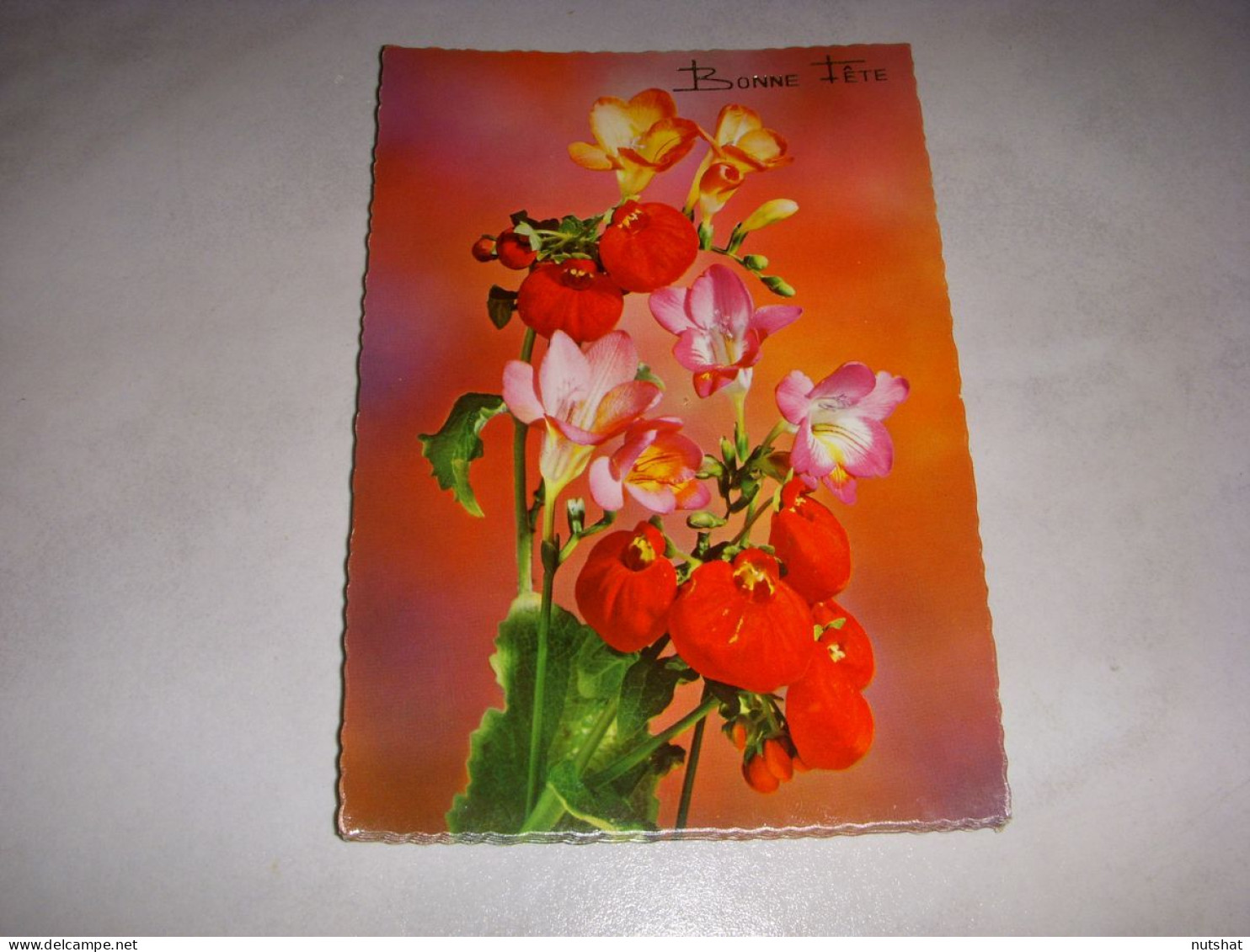 CP CARTE POSTALE BONNE FETE BOUQUET De FLEURS ROUGES JAUNES VIOLETTES - Vierge - Other & Unclassified