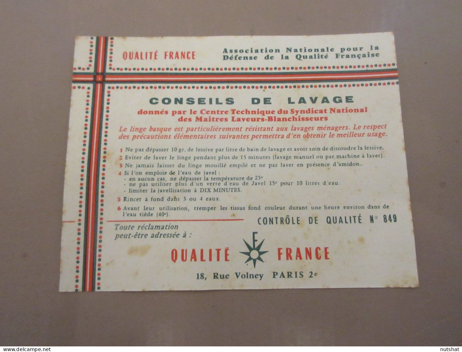 CARTE PUBLICITAIRE NOTICE De QUALITE LINGE BASQUE CONSEILS De LAVAGE - Advertising