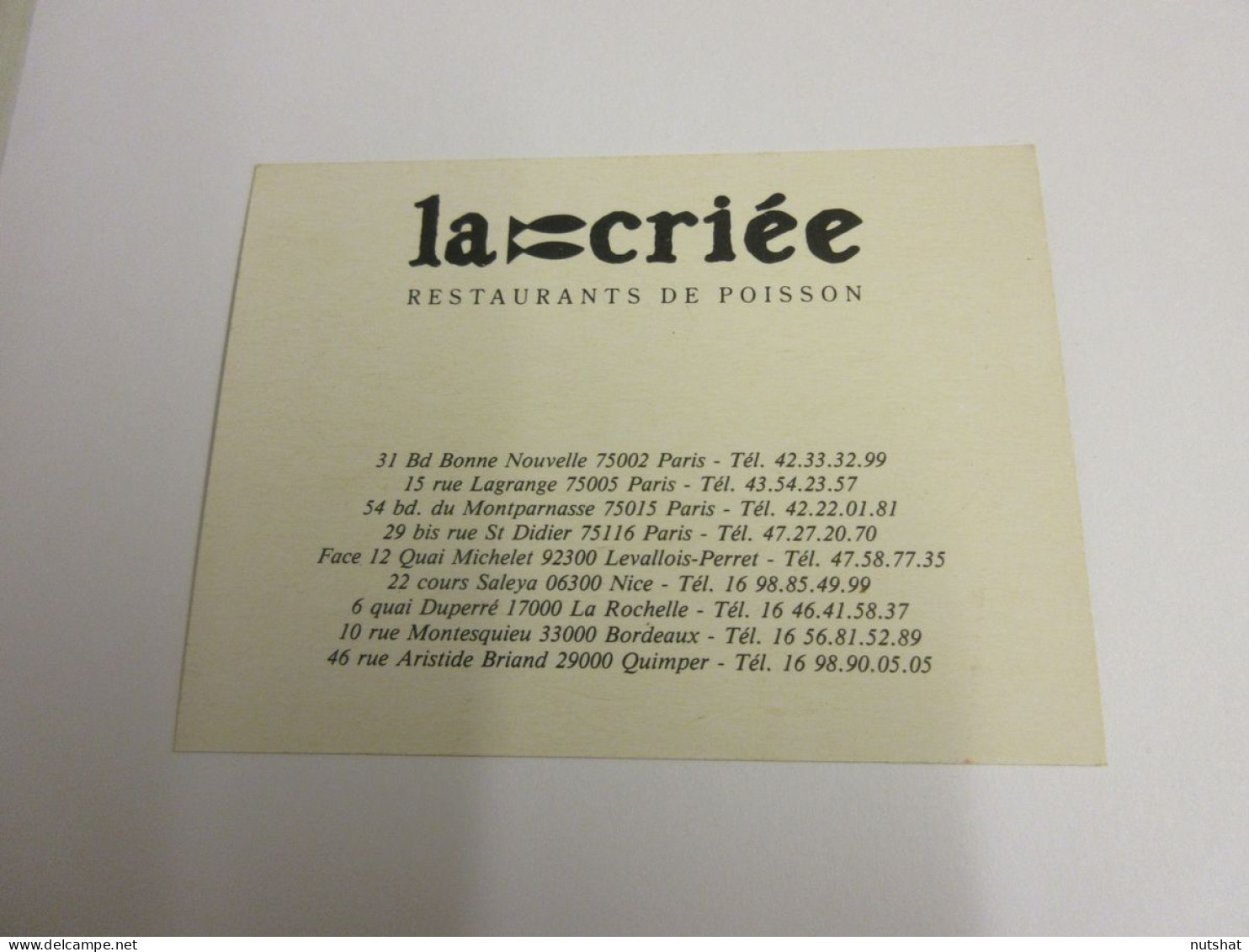 CARTE De VISITE LA CRIEE RESTAURANT De POISSONS - ADRESSES Au DOS                - Cartes De Visite