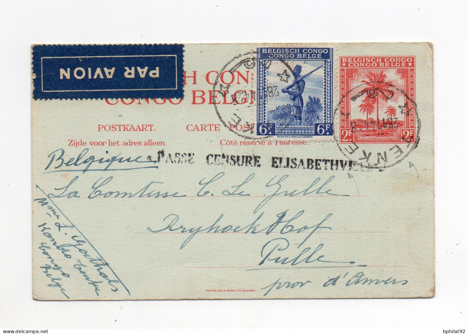 !!! ENTIER POSTAL PAR AVION DU CONGO BELGE, CACHET DE TENKE DE 1944 - Covers & Documents