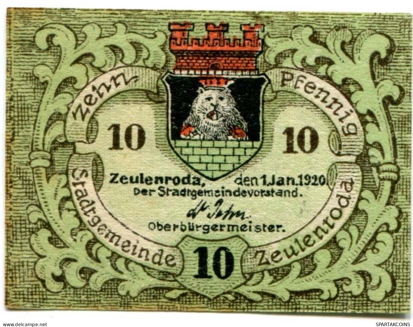 10 PFENNIG 1920 Stadt ZEULENRODA Reuss DEUTSCHLAND Notgeld Papiergeld Banknote #PL597 - [11] Local Banknote Issues