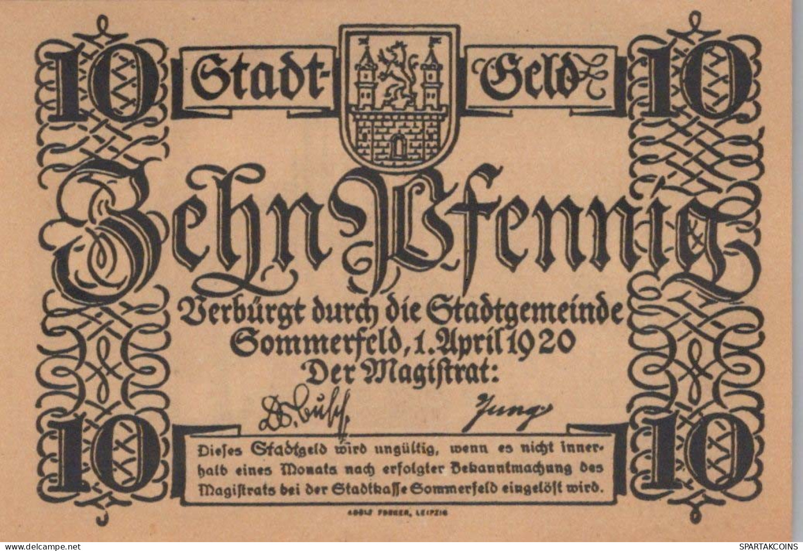 10 PFENNIG 1920 Stadt SOMMERFELD Brandenburg UNC DEUTSCHLAND Notgeld #PI589 - [11] Local Banknote Issues