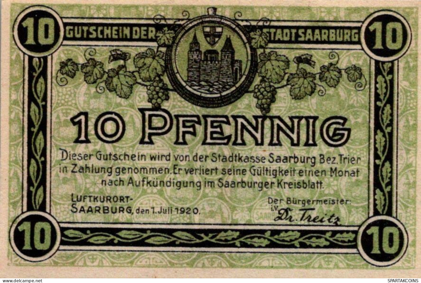 10 PFENNIG 1920 Stadt SAARBURG Rhine UNC DEUTSCHLAND Notgeld Banknote #PJ056 - [11] Local Banknote Issues