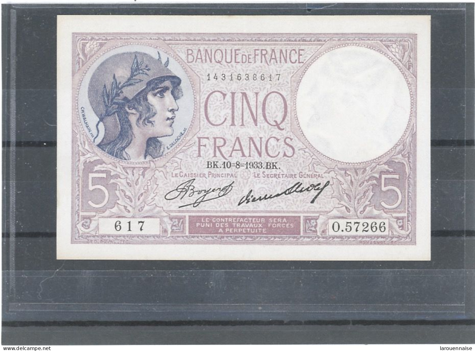 FRANCE -5F FEMME CASQUÉE  -10-8-1933- BK- SERIE 617- FAYETTE - F.03 /17- ETAT : SPL- SANS EPINGLAGE - 5 F 1917-1940 ''Violet''