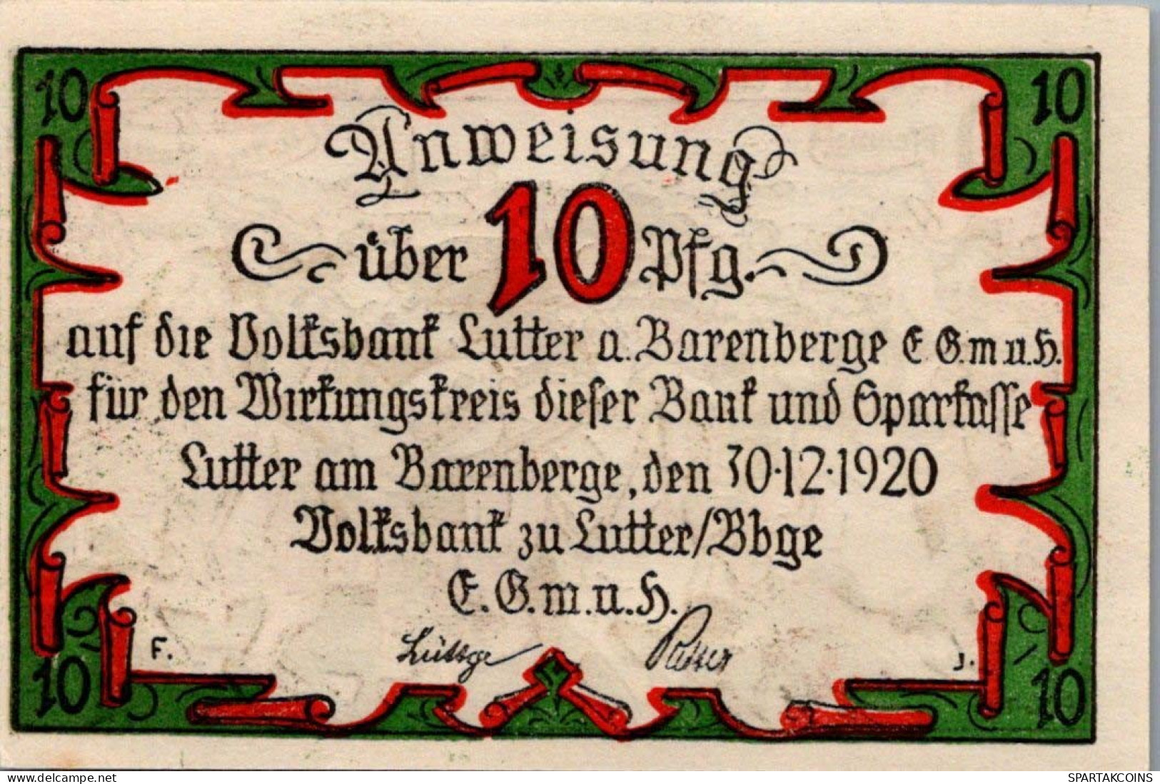 10 PFENNIG 1920 Stadt LUTTER AM BARENBERGE Brunswick UNC DEUTSCHLAND #PC661 - [11] Local Banknote Issues