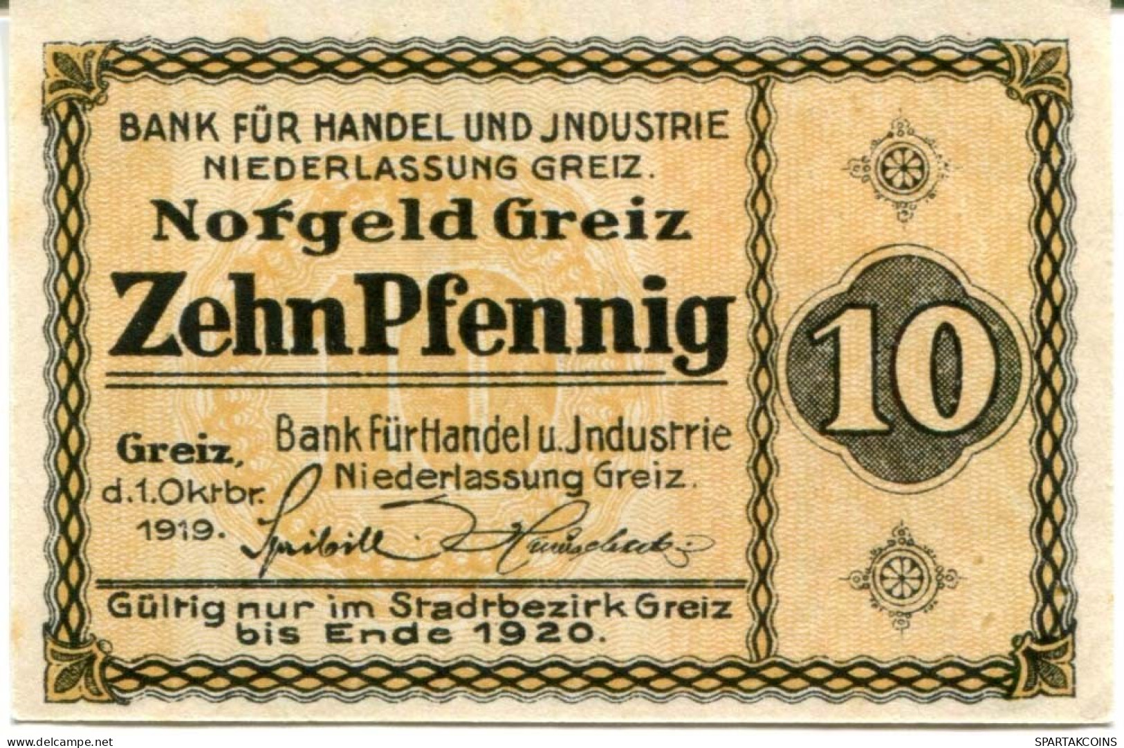 10 PFENNIG 1920 Stadt GREIZ Reuss DEUTSCHLAND Notgeld Papiergeld Banknote #PL674 - [11] Emissions Locales