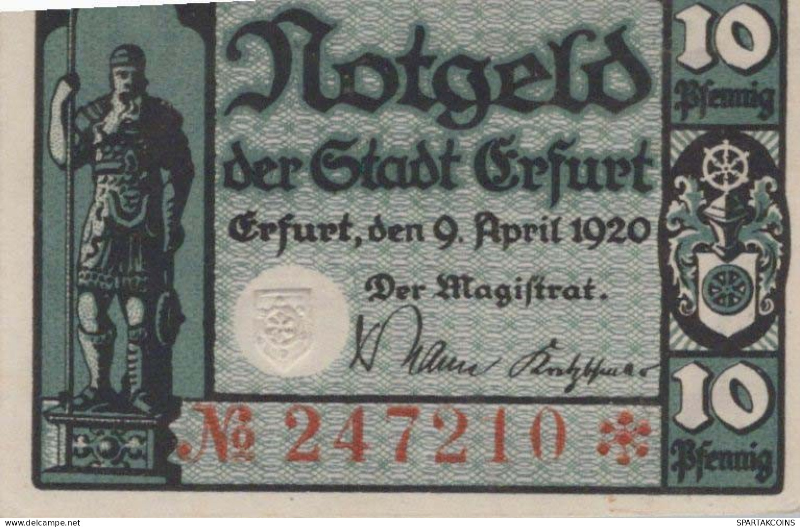 10 PFENNIG 1920 Stadt ERFURT Saxony UNC DEUTSCHLAND Notgeld Banknote #PB271 - [11] Local Banknote Issues