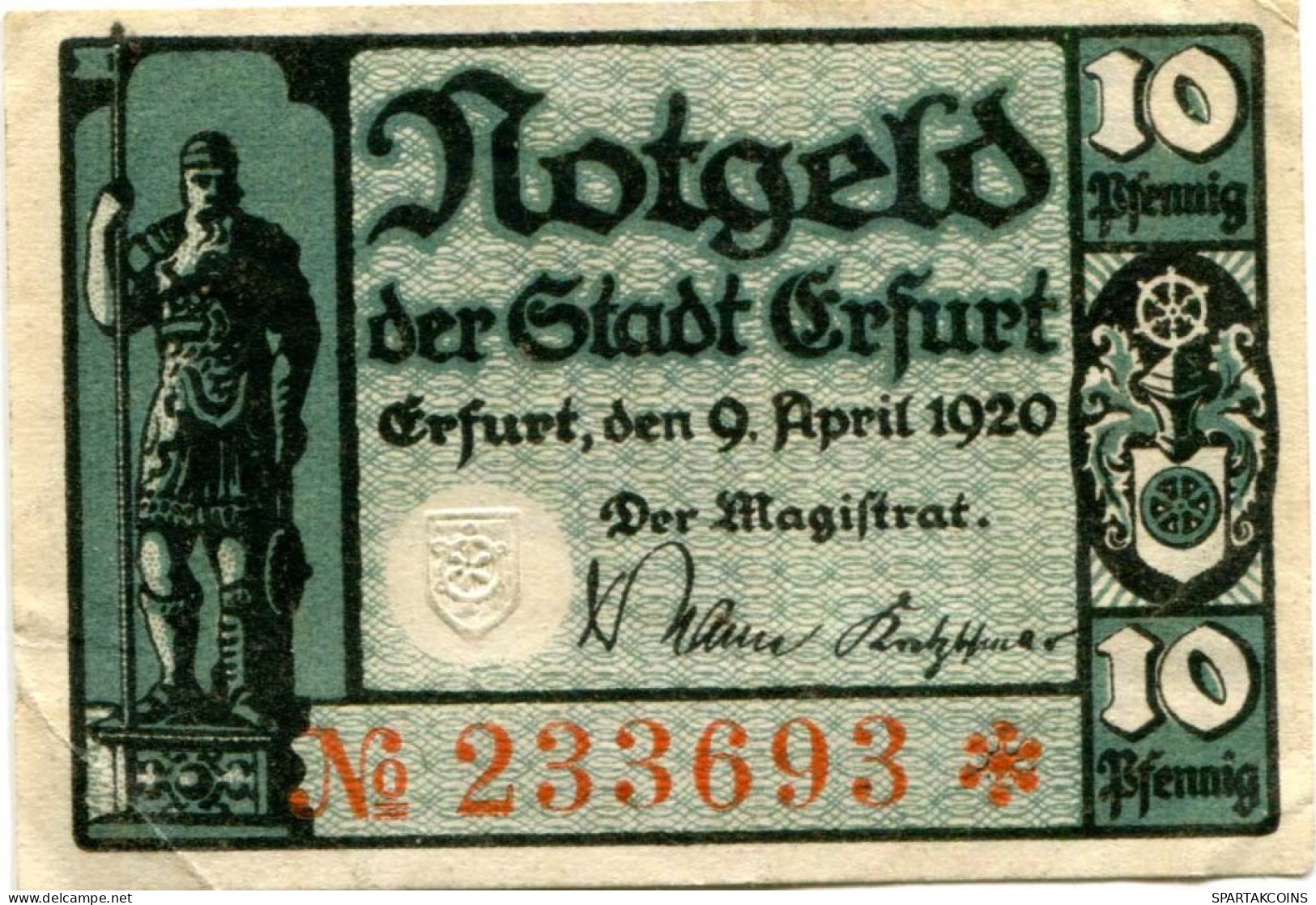 10 PFENNIG 1920 Stadt ERFURT Saxony DEUTSCHLAND Notgeld Papiergeld Banknote #PL658 - [11] Emissions Locales