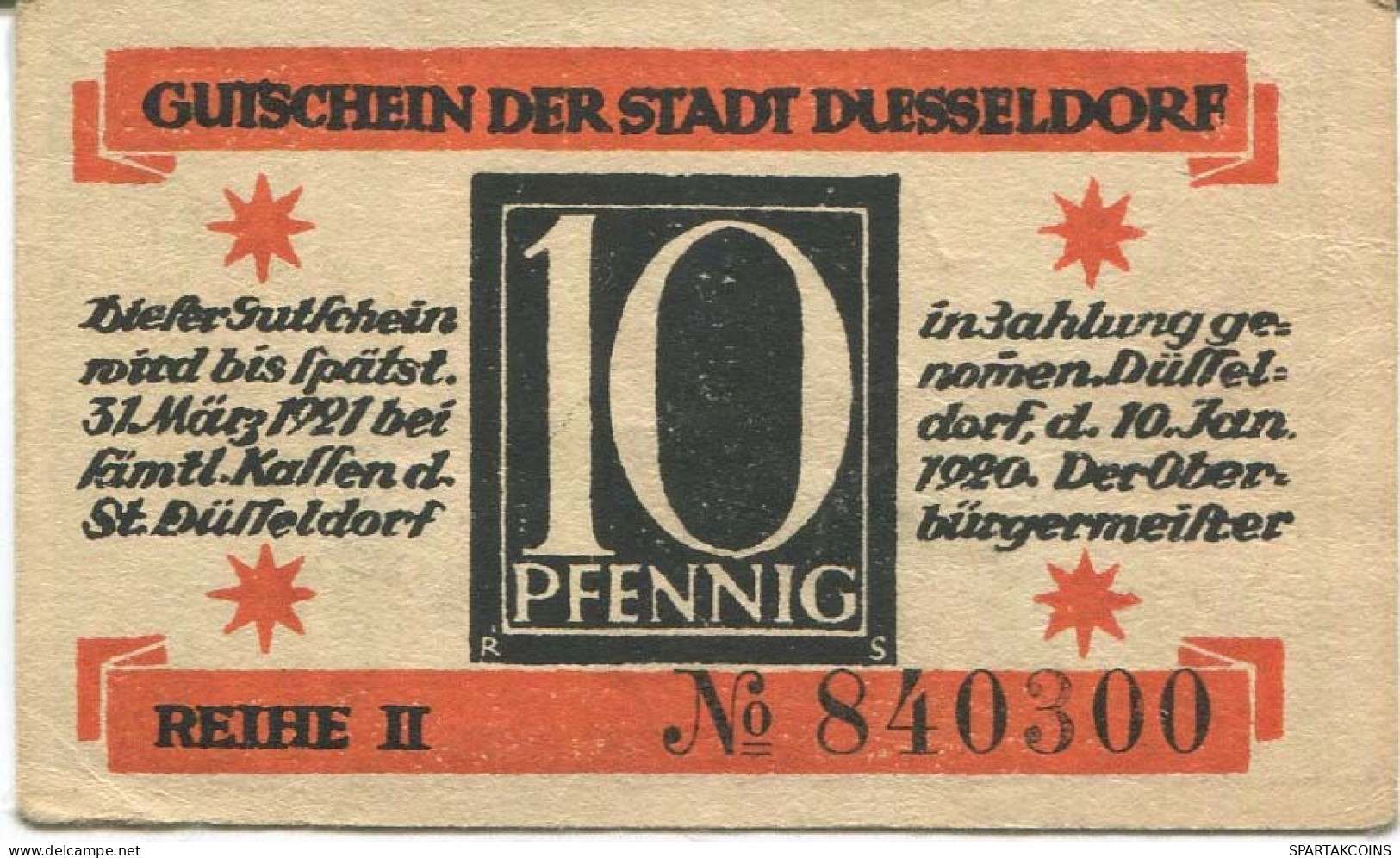 10 PFENNIG 1920 Stadt DÜSSELDORF Rhine DEUTSCHLAND Notgeld Papiergeld Banknote #PL739 - [11] Local Banknote Issues