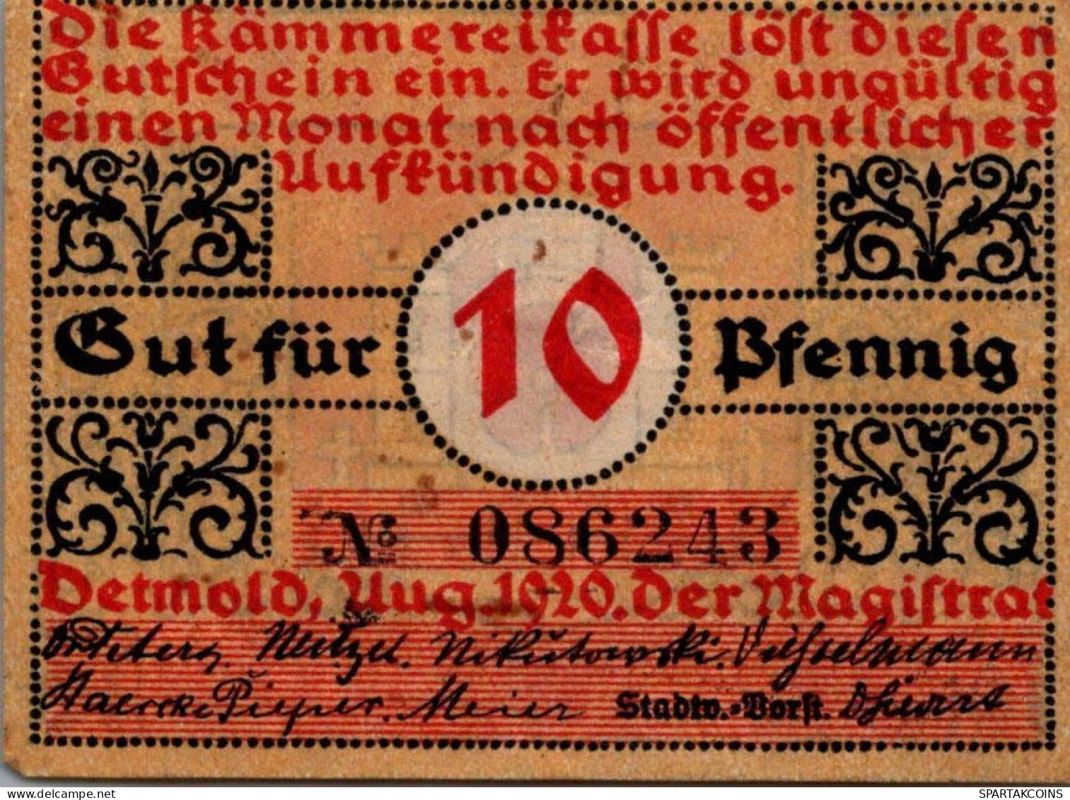 10 PFENNIG 1920 Stadt DETMOLD Lippe UNC DEUTSCHLAND Notgeld Banknote #PA434 - [11] Local Banknote Issues