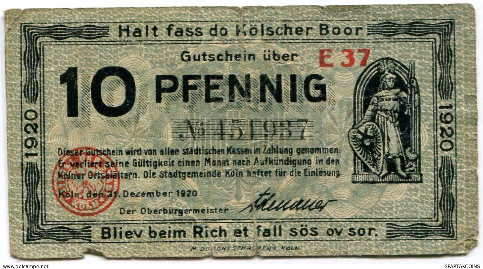 10 PFENNIG 1920 Stadt COLOGNE Rhine DEUTSCHLAND Notgeld Papiergeld Banknote #PL842 - [11] Emissions Locales