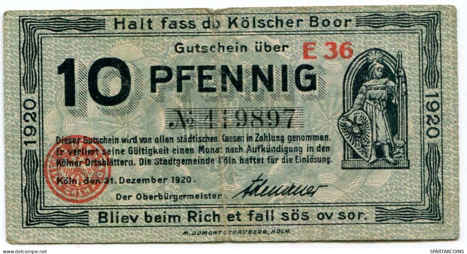 10 PFENNIG 1920 Stadt COLOGNE Rhine DEUTSCHLAND Notgeld Papiergeld Banknote #PL862 - [11] Emissions Locales