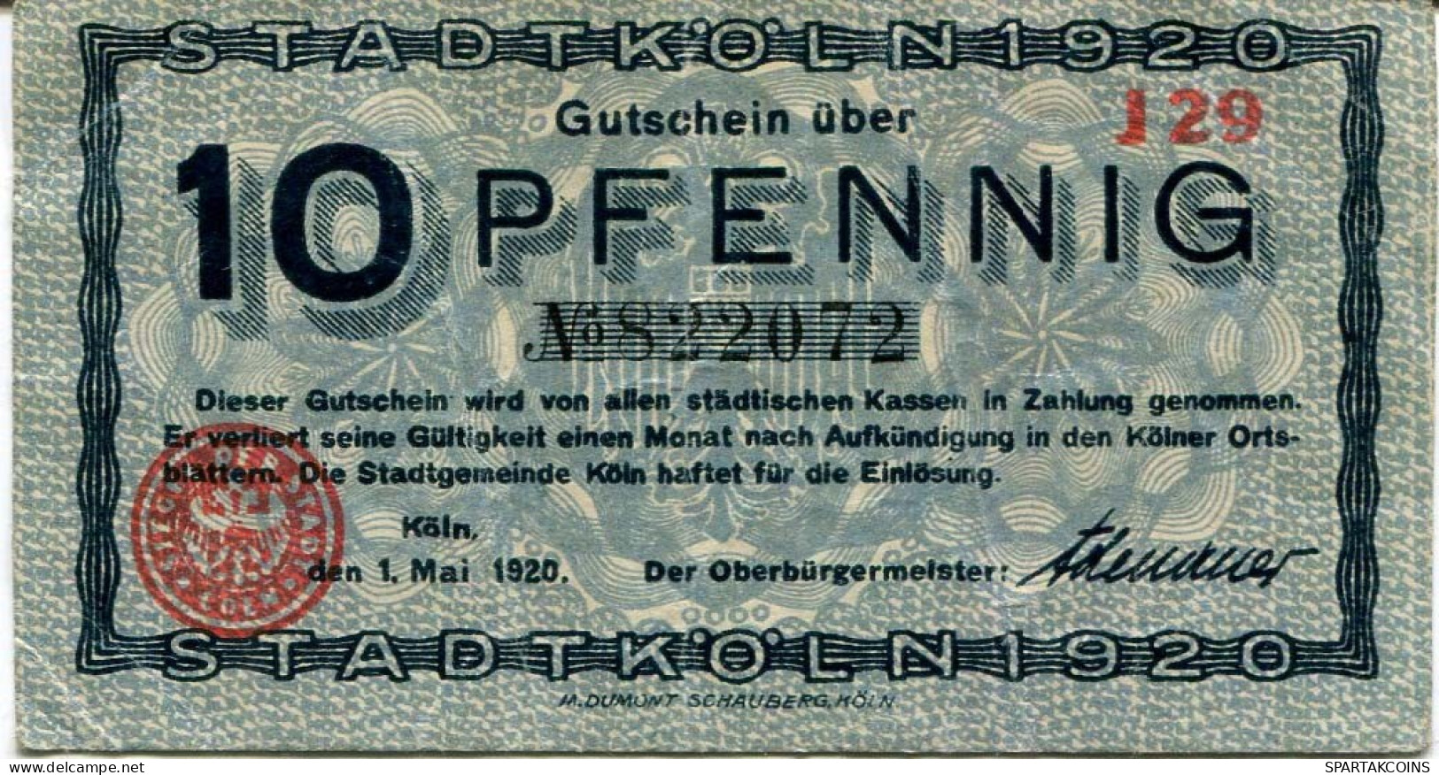 10 PFENNIG 1920 Stadt COLOGNE Rhine DEUTSCHLAND Notgeld Papiergeld Banknote #PL848 - [11] Emissions Locales