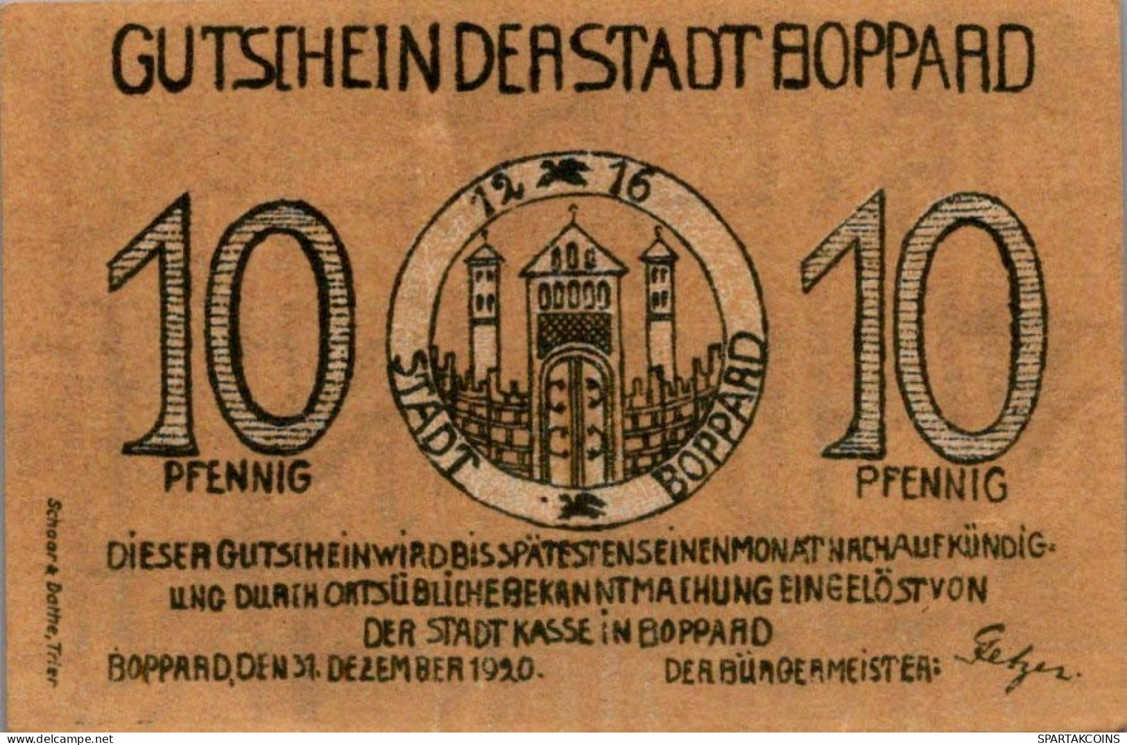 10 PFENNIG 1920 Stadt BOPPARD Rhine UNC DEUTSCHLAND Notgeld Banknote #PA256 - [11] Emissions Locales