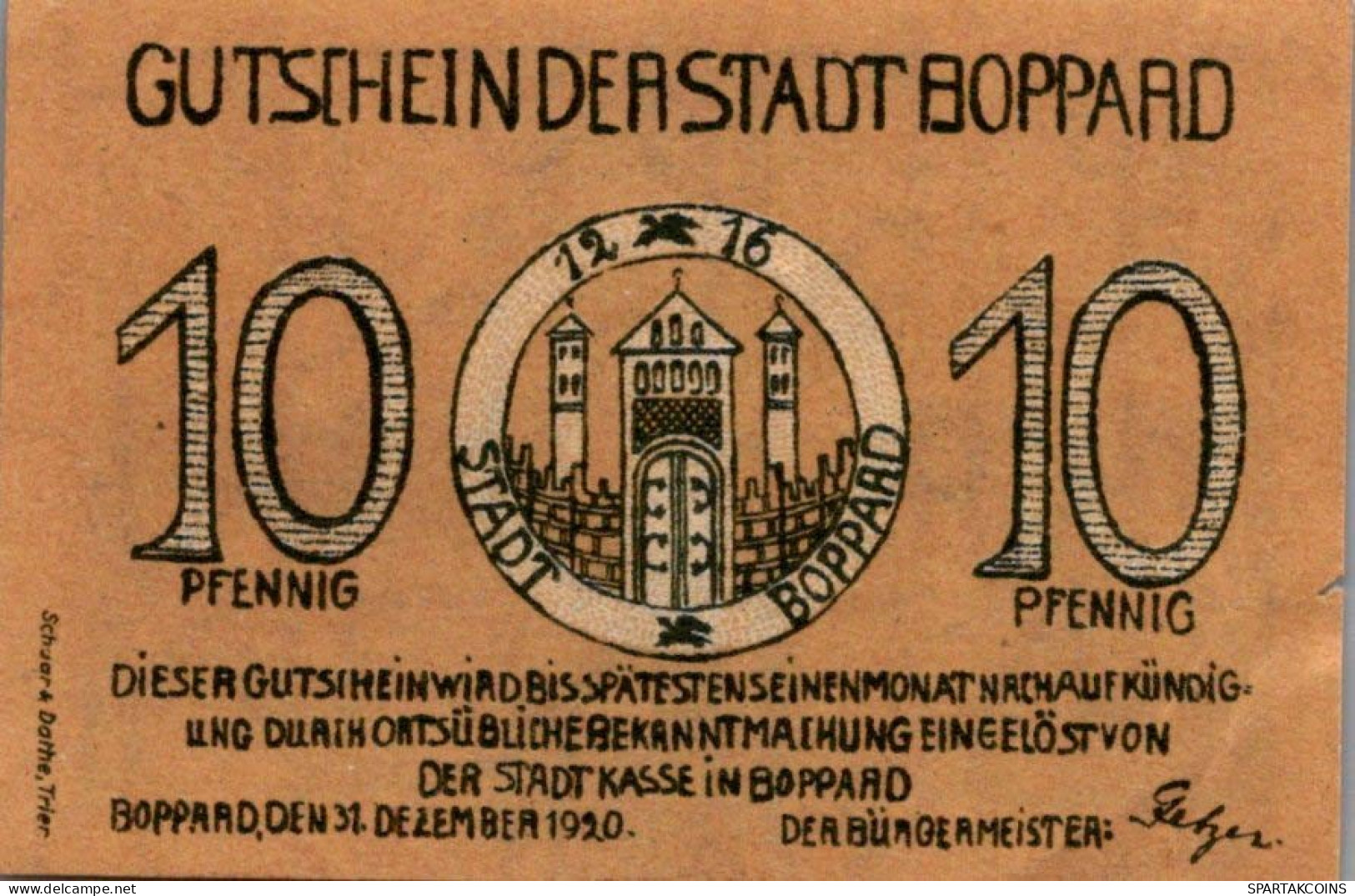 10 PFENNIG 1920 Stadt BOPPARD Rhine UNC DEUTSCHLAND Notgeld Banknote #PC317 - [11] Emissions Locales