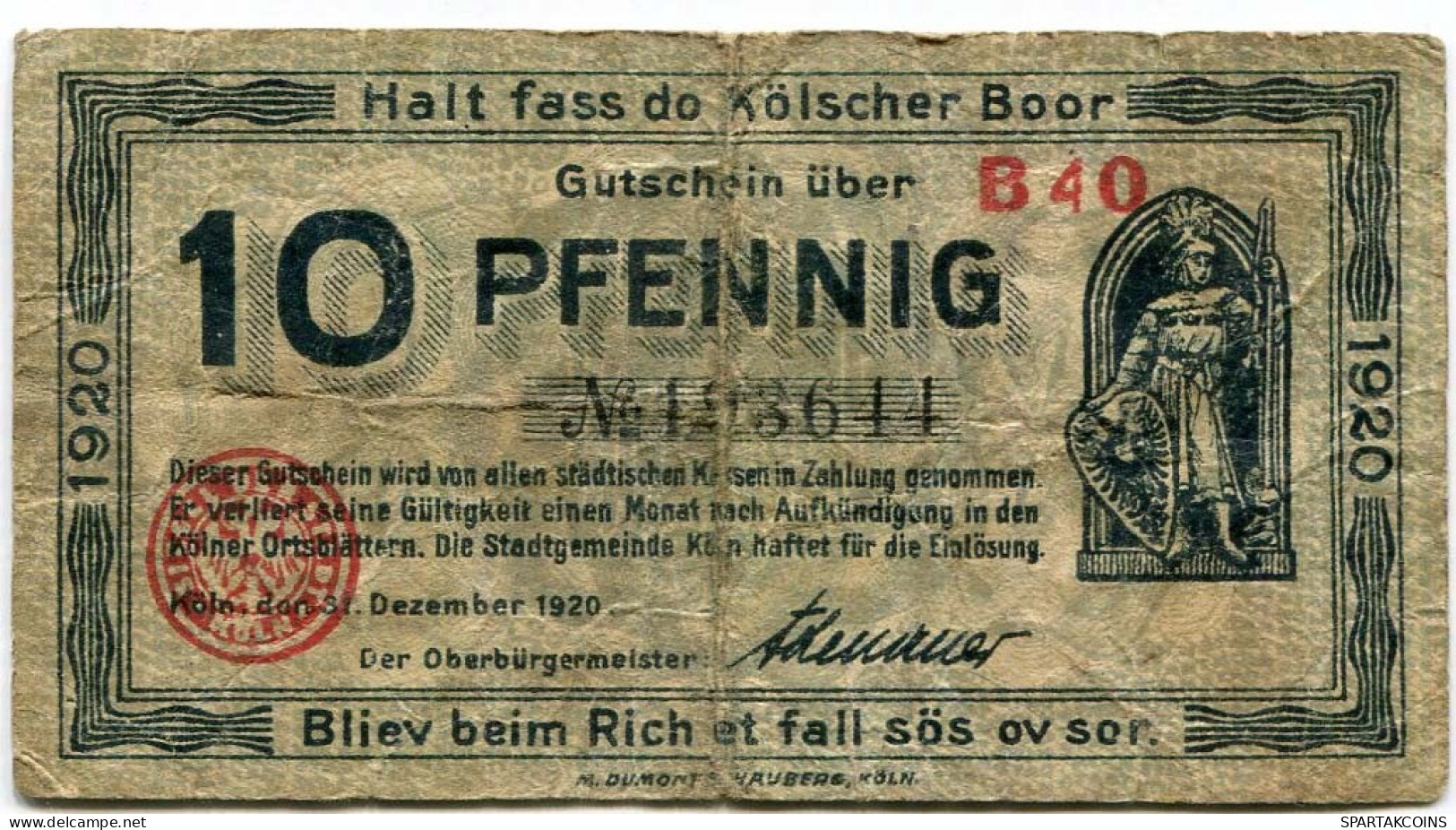 10 PFENNIG 1920 Stadt COLOGNE Rhine DEUTSCHLAND Notgeld Papiergeld Banknote #PL820 - [11] Local Banknote Issues