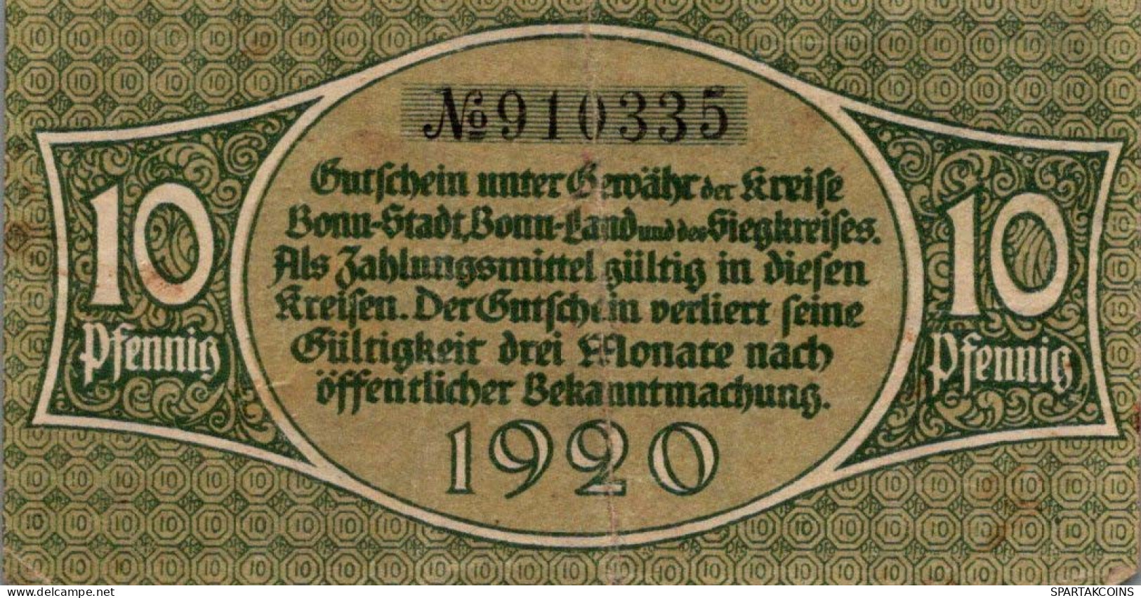 10 PFENNIG 1920 Stadt BONN AND SIEGKREIS Rhine DEUTSCHLAND Notgeld #PG499 - [11] Local Banknote Issues