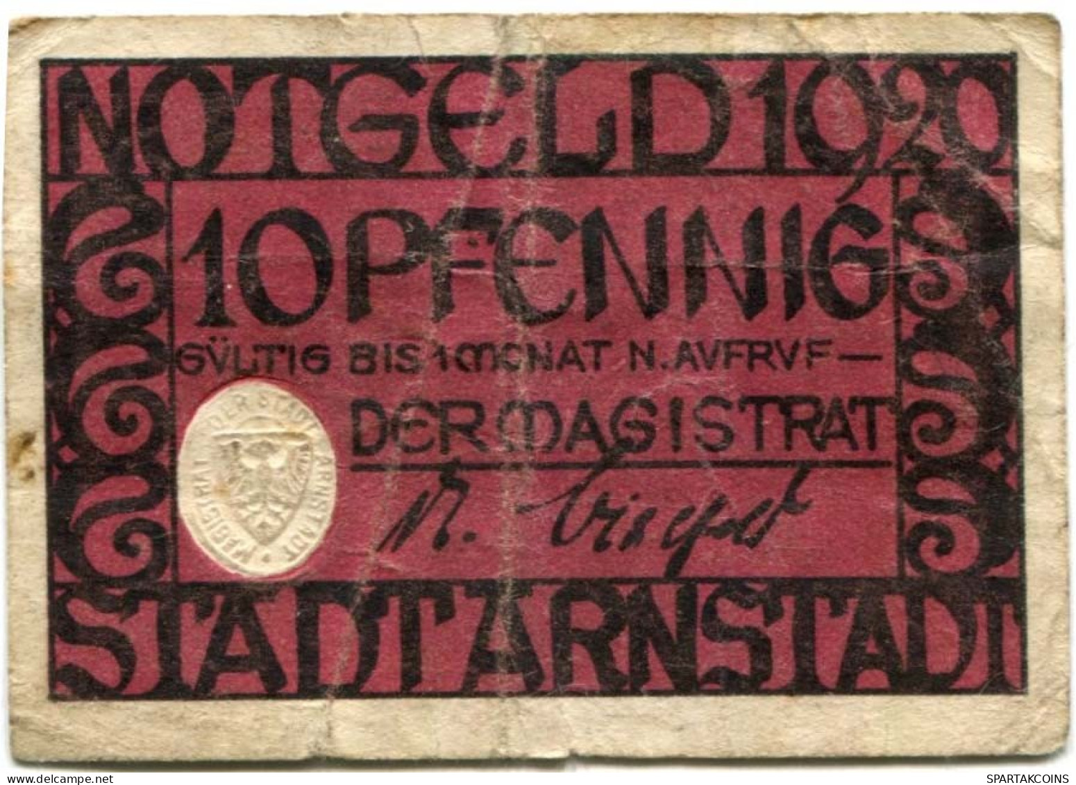 10 PFENNIG 1920 Stadt ARNSTADT Thuringia DEUTSCHLAND Notgeld Papiergeld Banknote #PL702 - [11] Local Banknote Issues