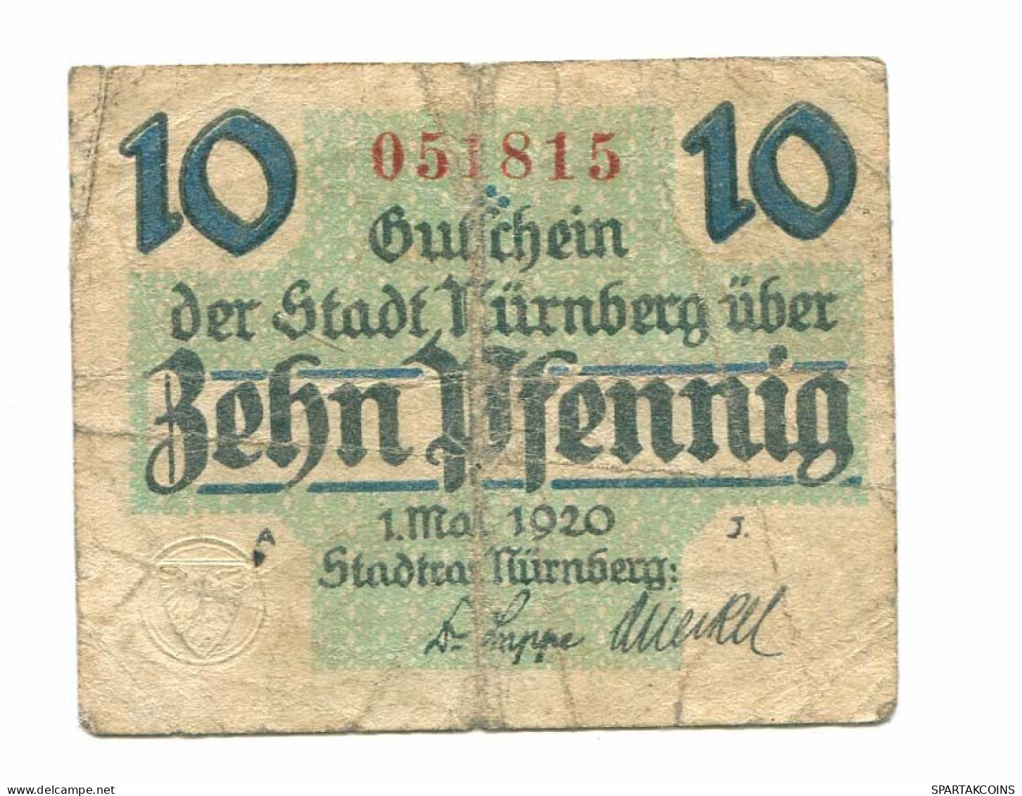 10 Pfennig 1920 NURNBERG DEUTSCHLAND Notgeld Papiergeld Banknote #P10779 - [11] Local Banknote Issues