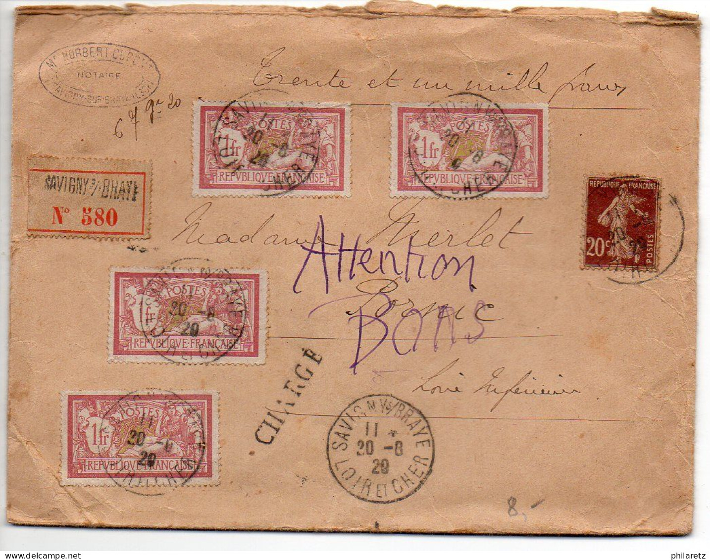 1F Merson X4 + 20c Semeuse Sur Lettre Recommandée En Valeur Déclarée De 31000F De 1929 - Affranchissement à 4F20 - 1877-1920: Semi Modern Period