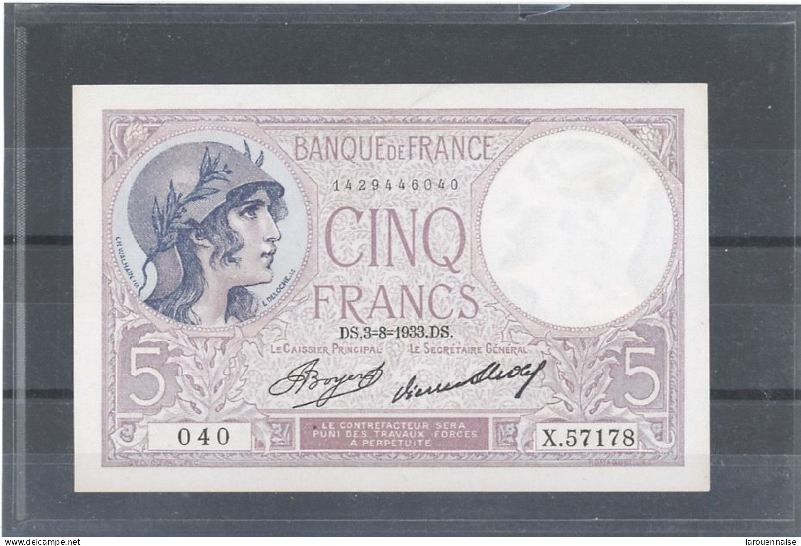 FRANCE -5F FEMME CASQUÉE  -3-8-1933- DS- SERIE 040- FAYETTE - F.03 /17- ETAT : SPL- SANS EPINGLAGE - 5 F 1917-1940 ''Violet''