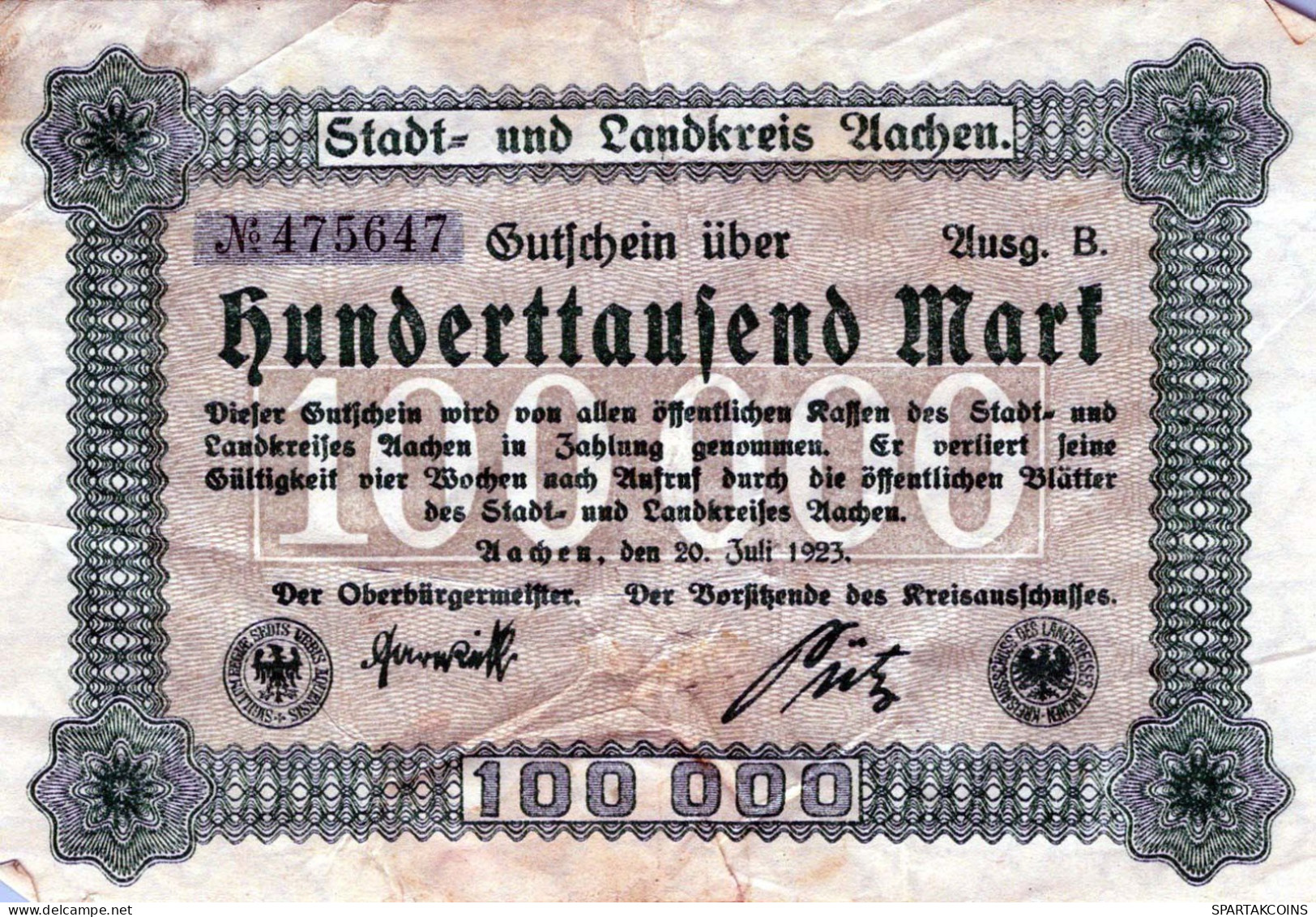 100000 MARK 1923 Stadt AACHEN Rhine DEUTSCHLAND Papiergeld Banknote #PK942 - [11] Emissions Locales
