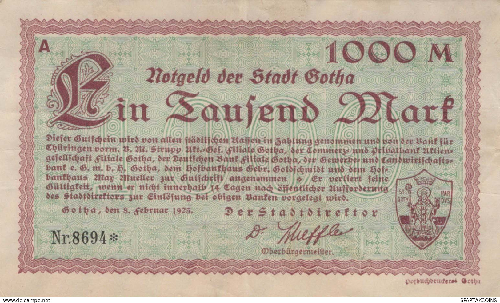 1000 MARK 1925 Stadt GOTHA Thuringia DEUTSCHLAND Notgeld Papiergeld Banknote #PK857 - Lokale Ausgaben