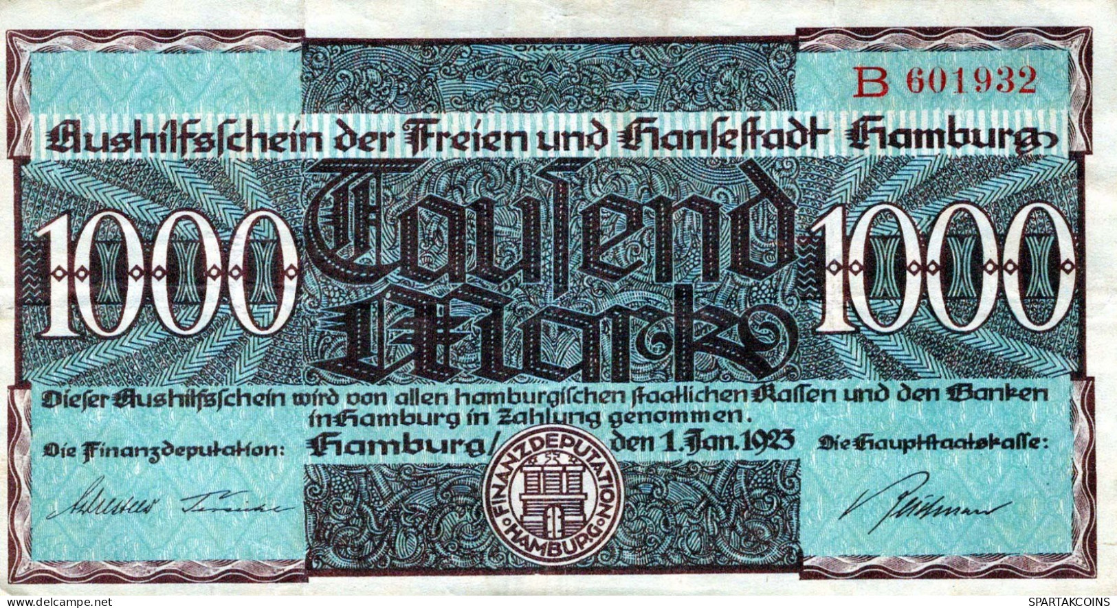 1000 MARK 1923 Stadt HAMBURG Hamburg DEUTSCHLAND Papiergeld Banknote #PL253 - Lokale Ausgaben