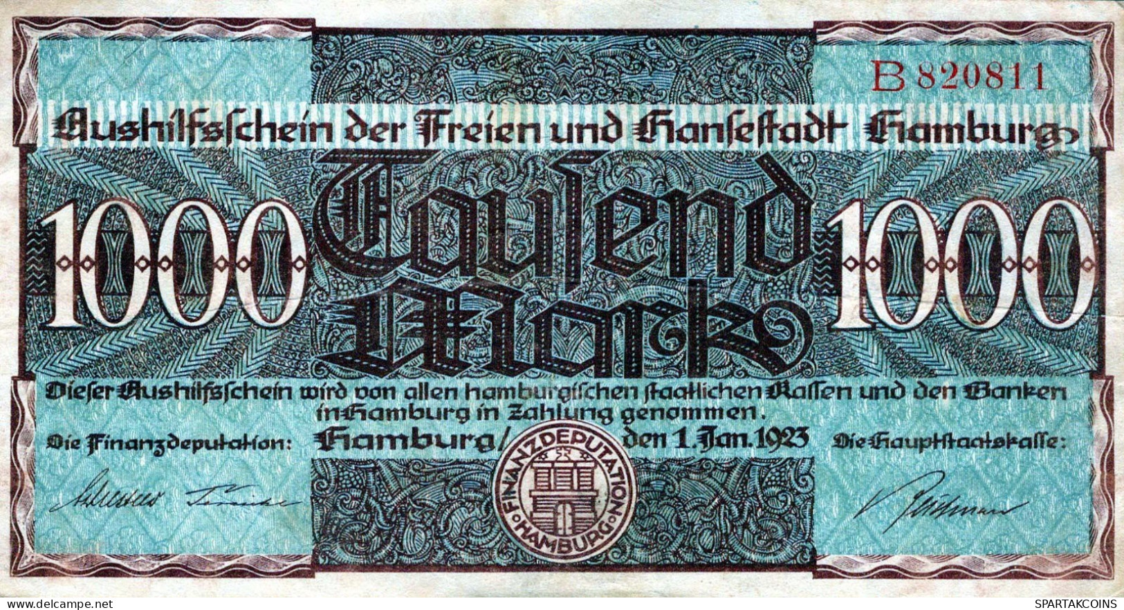 1000 MARK 1923 Stadt HAMBURG Hamburg DEUTSCHLAND Papiergeld Banknote #PL251 - Lokale Ausgaben