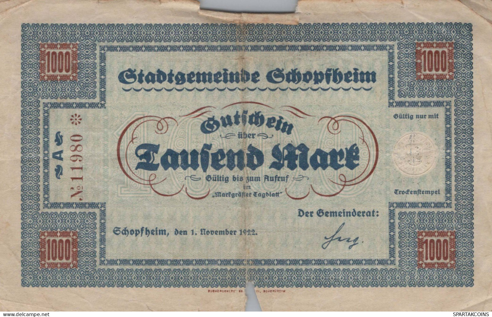 1000 MARK 1922 Stadt SCHOPFHEIM Baden DEUTSCHLAND Notgeld Papiergeld Banknote #PK861 - Lokale Ausgaben