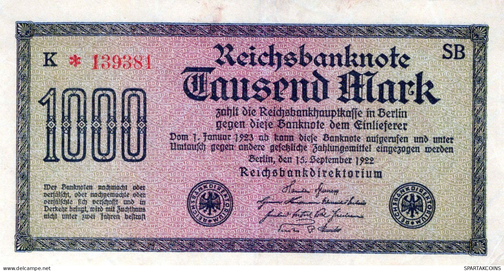 1000 MARK 1922 Stadt BERLIN DEUTSCHLAND Papiergeld Banknote #PL460 - Lokale Ausgaben