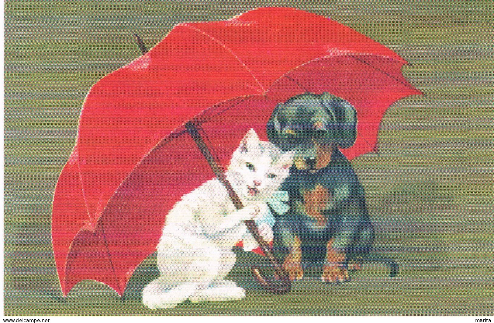 Chat Et Chien -cat And Dog -  Poes En Hond Rode Paraplu- Katze Hund- Repro - Katzen