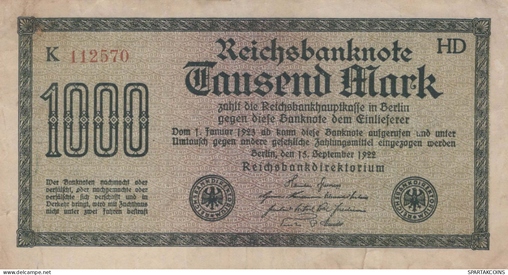 1000 MARK 1922 Stadt BERLIN DEUTSCHLAND Papiergeld Banknote #PL437 - Lokale Ausgaben