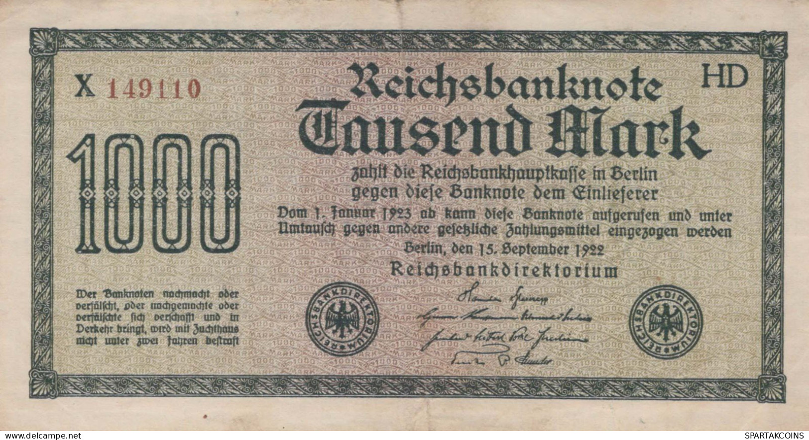 1000 MARK 1922 Stadt BERLIN DEUTSCHLAND Papiergeld Banknote #PL436 - Lokale Ausgaben