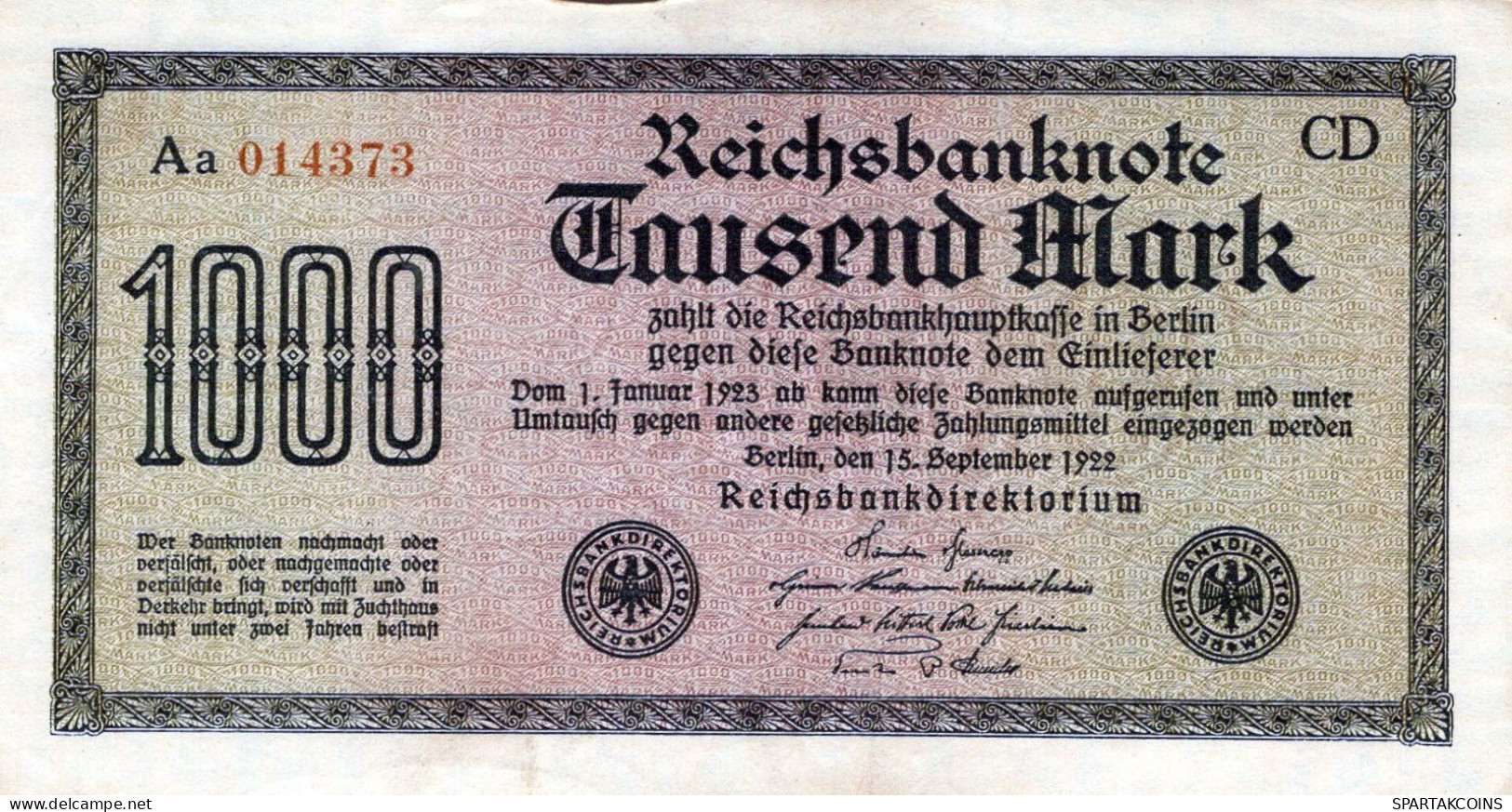 1000 MARK 1922 Stadt BERLIN DEUTSCHLAND Papiergeld Banknote #PL420 - Lokale Ausgaben