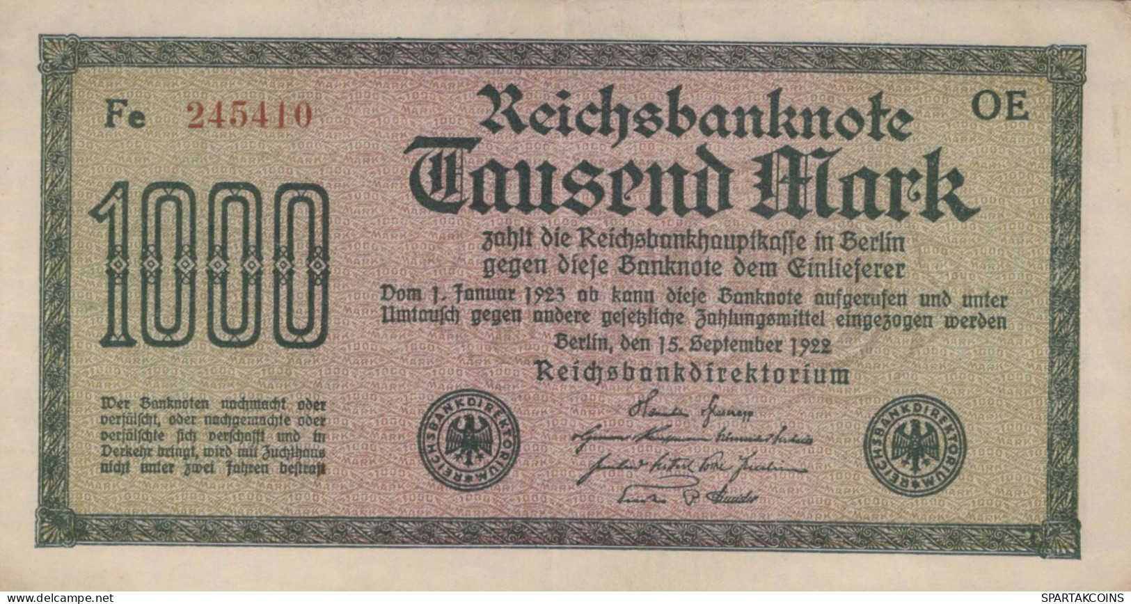 1000 MARK 1922 Stadt BERLIN DEUTSCHLAND Papiergeld Banknote #PL413 - Lokale Ausgaben