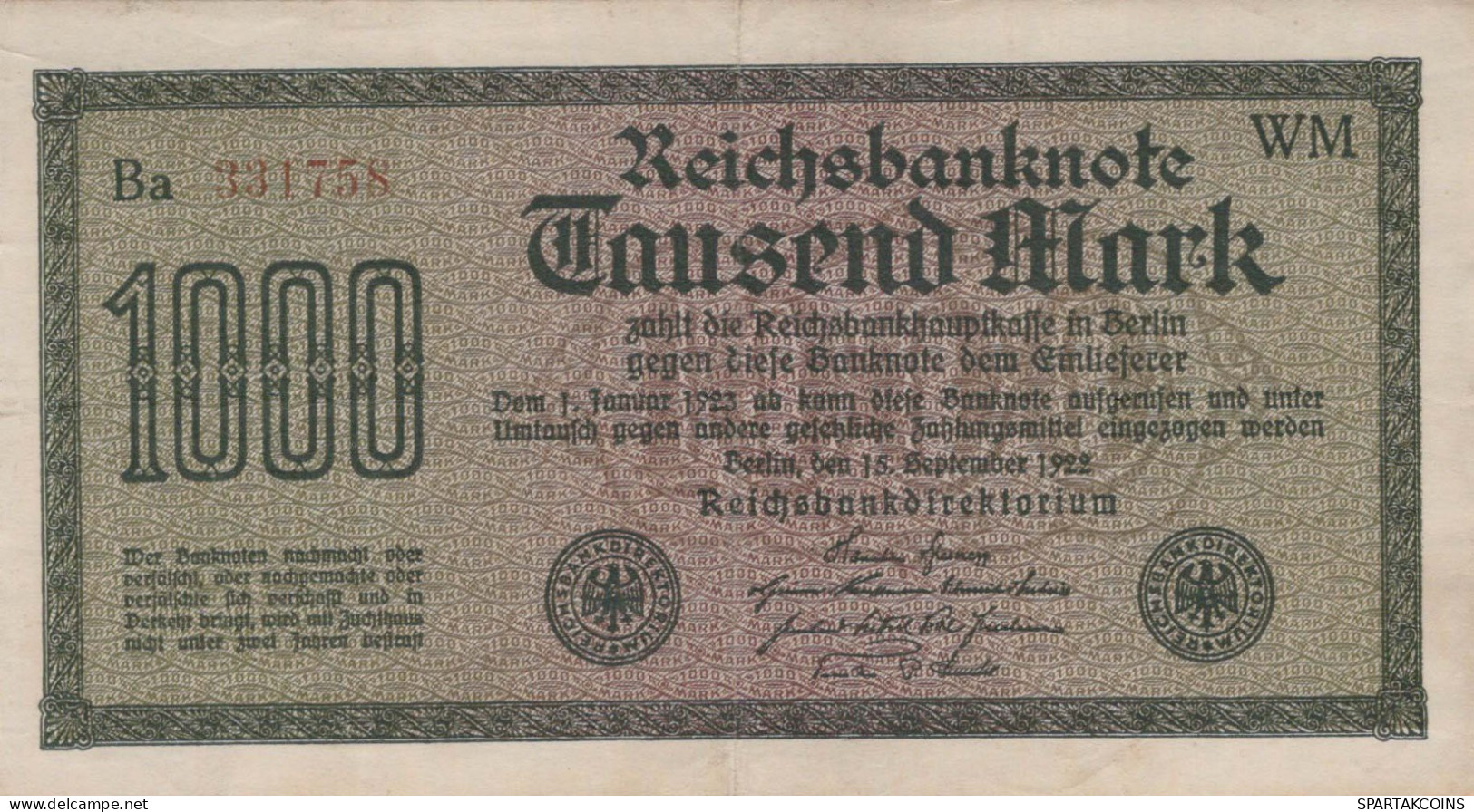 1000 MARK 1922 Stadt BERLIN DEUTSCHLAND Papiergeld Banknote #PL416 - Lokale Ausgaben