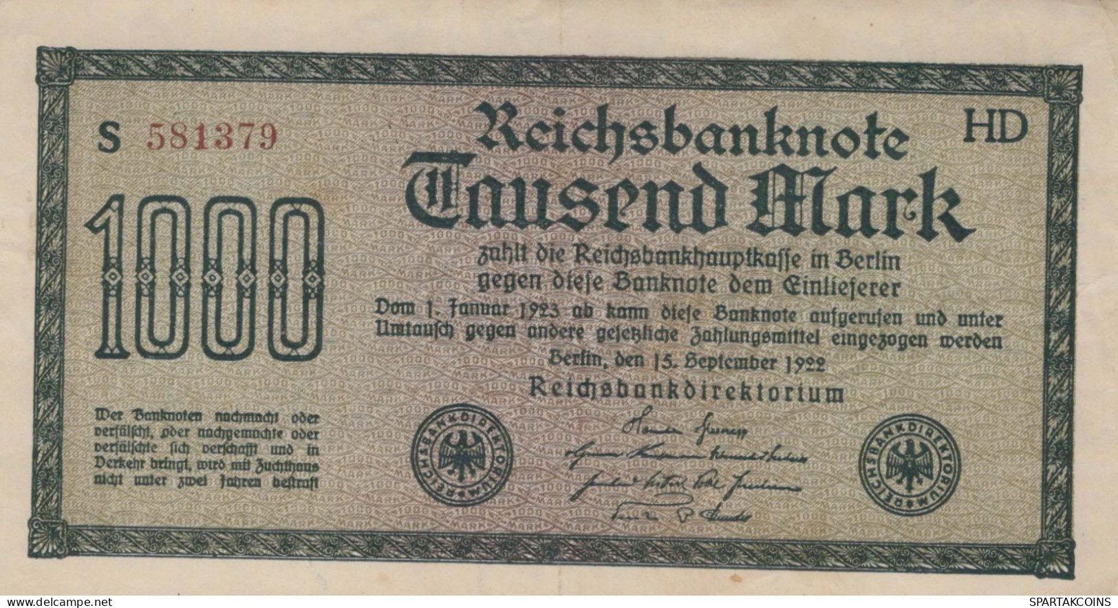 1000 MARK 1922 Stadt BERLIN DEUTSCHLAND Papiergeld Banknote #PL415 - Lokale Ausgaben