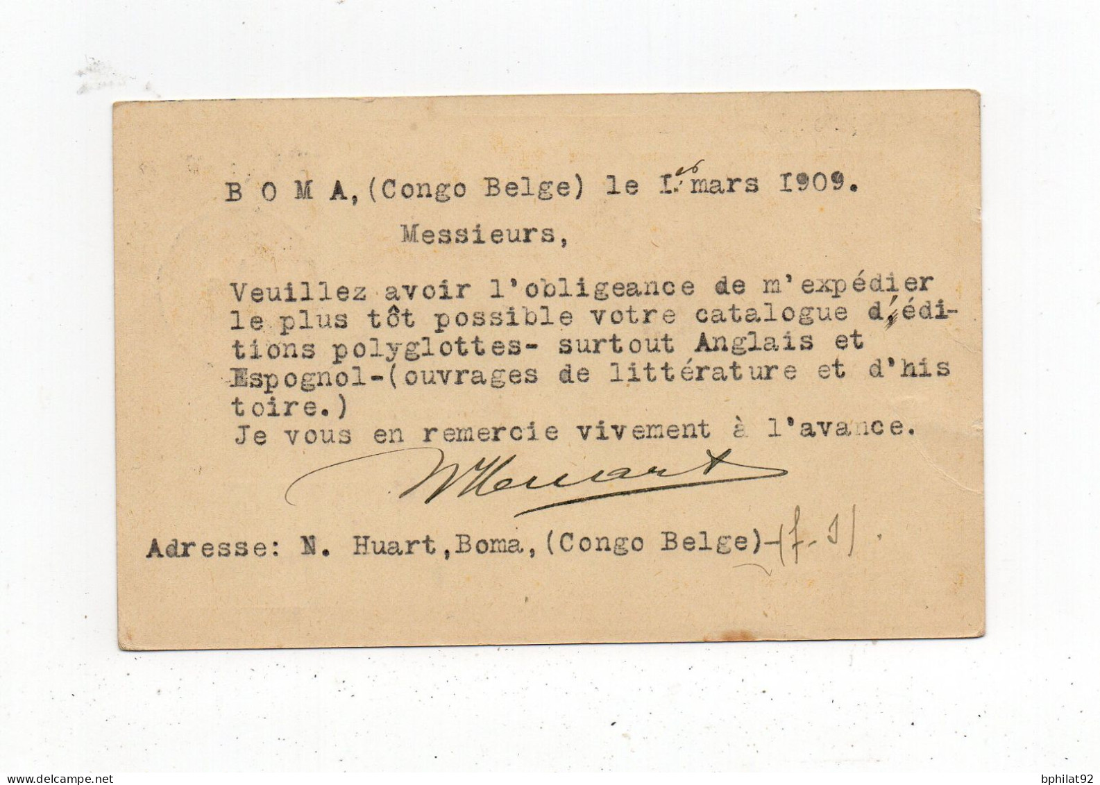 !!! ENTIER POSTAL DU CONGO SURCHARGE CONGO BELGE, CACHET DE BOMA DE 1909 - Lettres & Documents