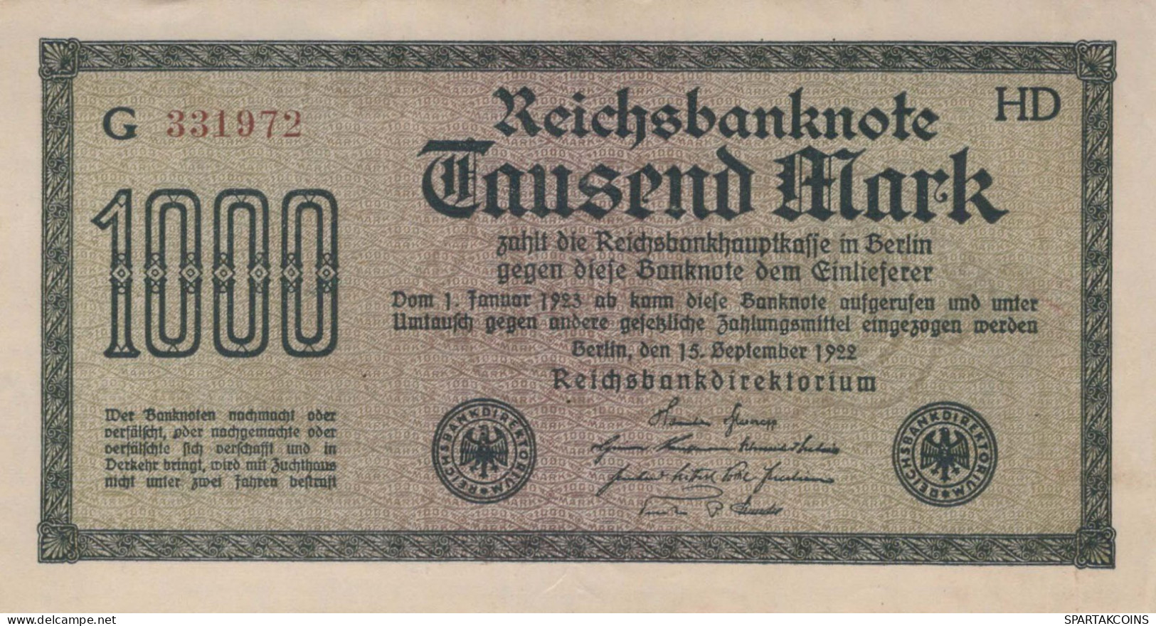 1000 MARK 1922 Stadt BERLIN DEUTSCHLAND Papiergeld Banknote #PL393 - Lokale Ausgaben