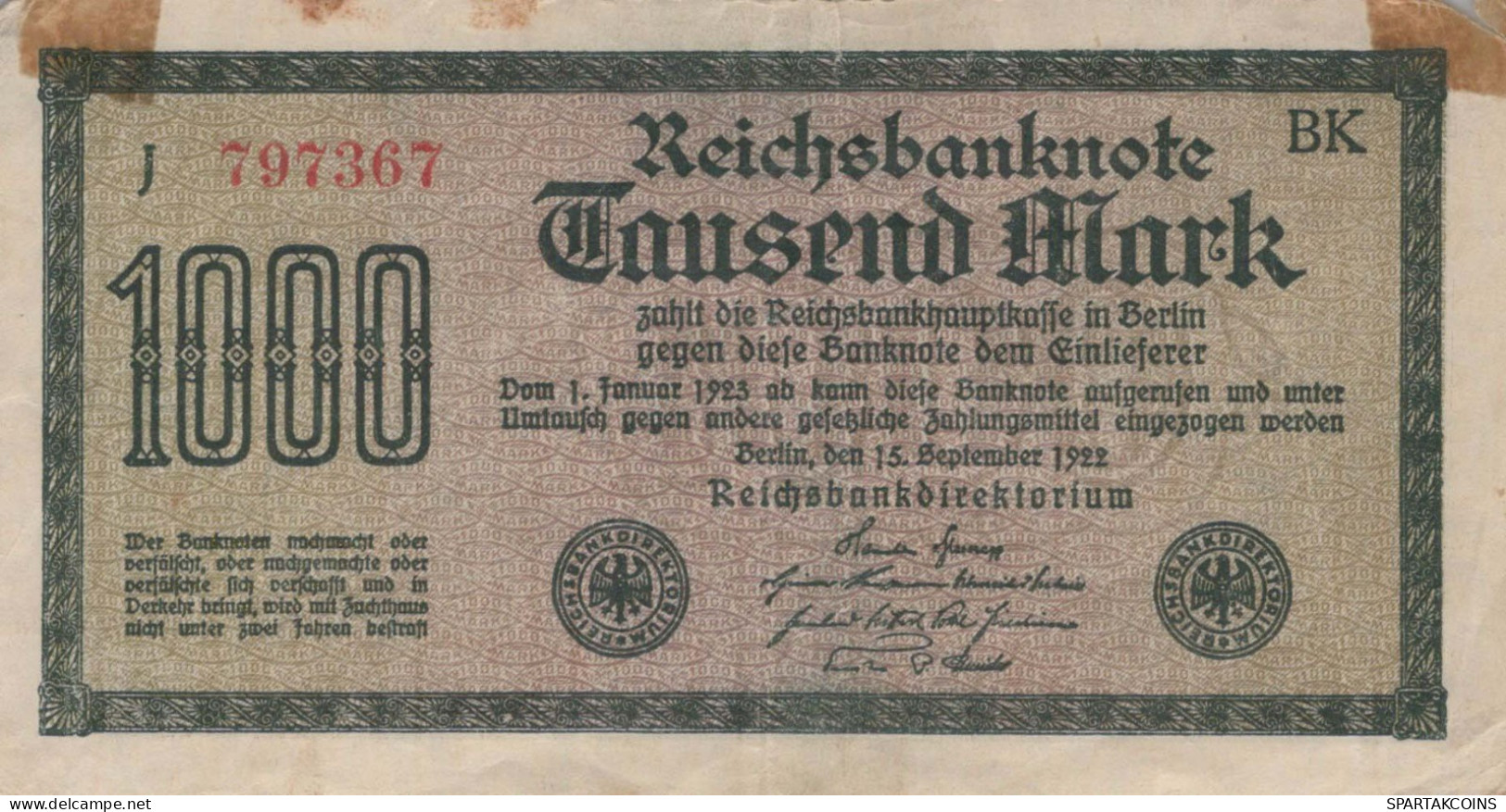 1000 MARK 1922 Stadt BERLIN DEUTSCHLAND Papiergeld Banknote #PL040 - Lokale Ausgaben